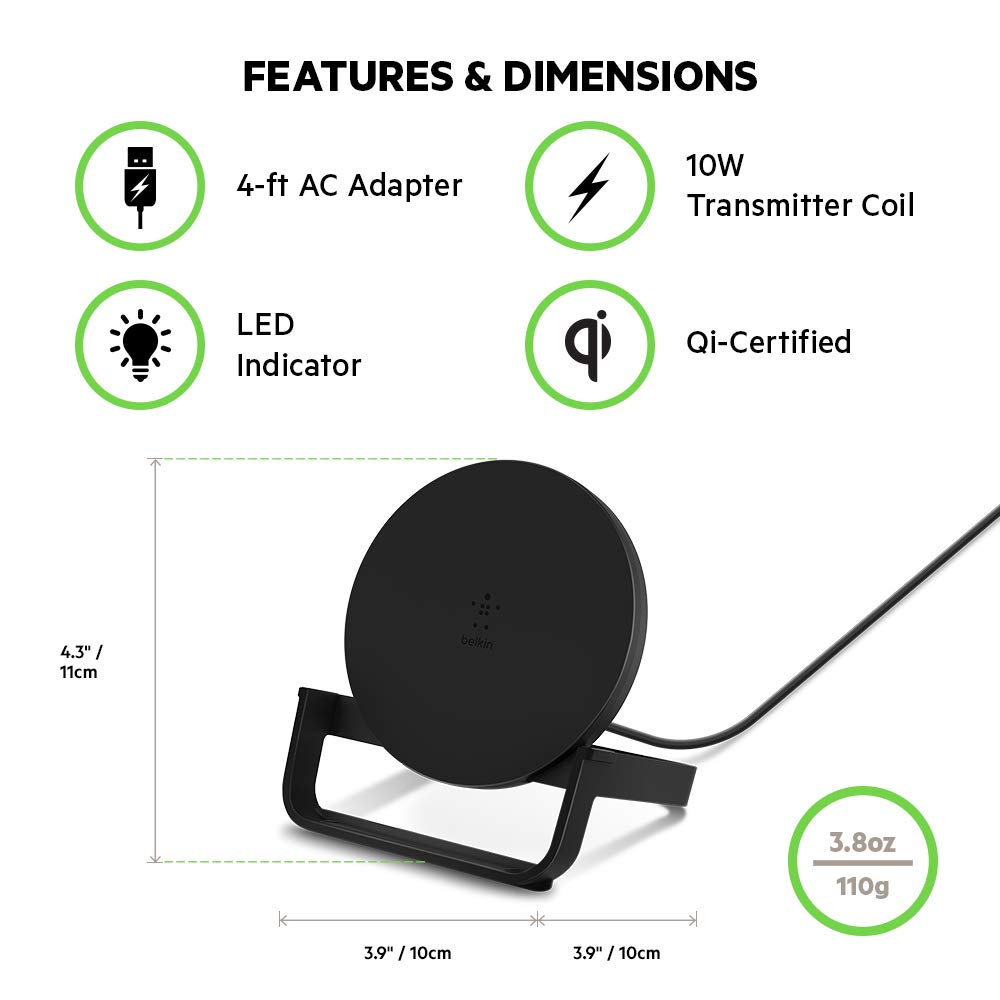 Belkin F7U083ttBLK 10W Fast Wireless Charging Stand for iPhone, Samsung, AirPods - Perfect for Home, Office, and Nightstand Charging