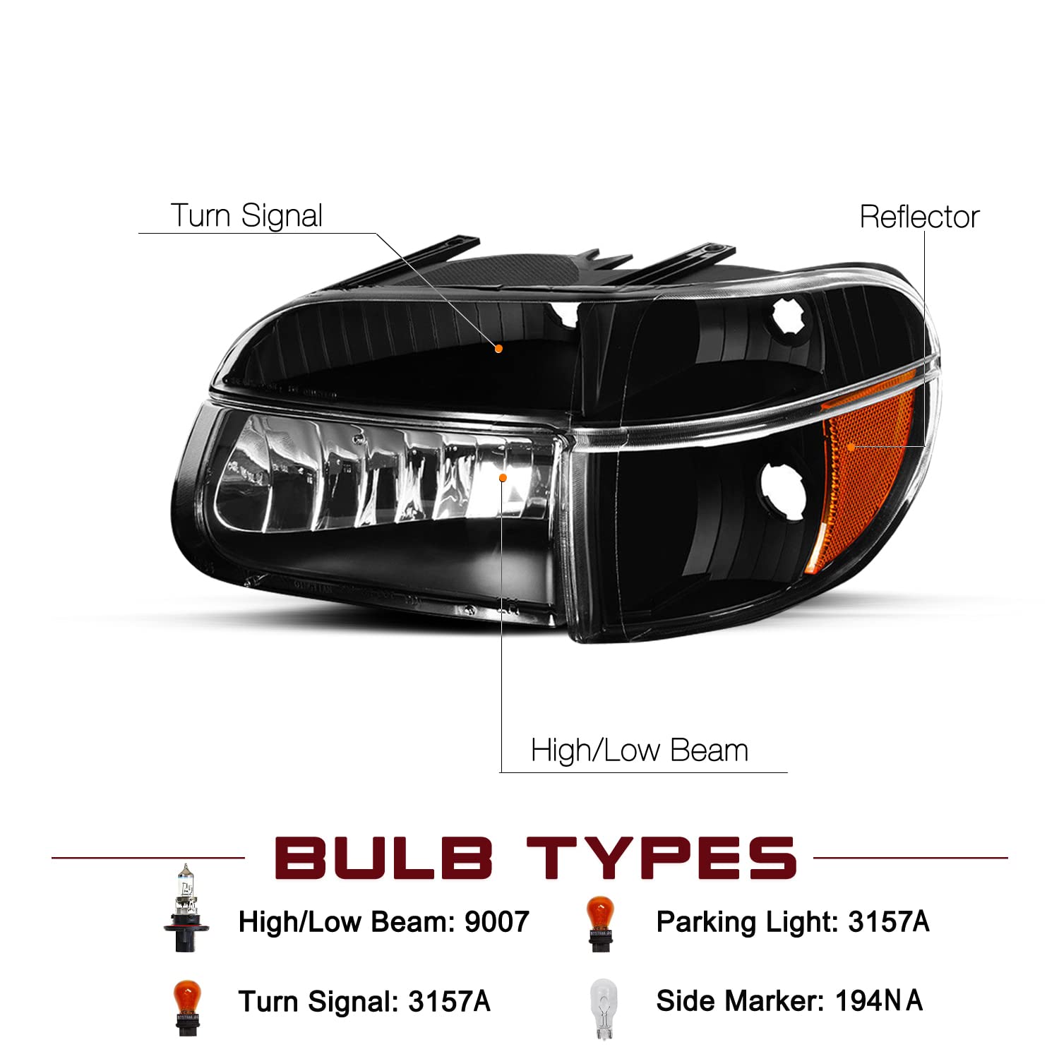 JSBOYAT Headlight Assembly Replacement for 1995-2001 Ford Explorer & 1997 Mercury Mountaineer - Driver & Passenger Side with Corner Lights (4-Piece Set, Black Housing & Amber Reflector) - Perfect for Night Driving & Off-Road Adventures