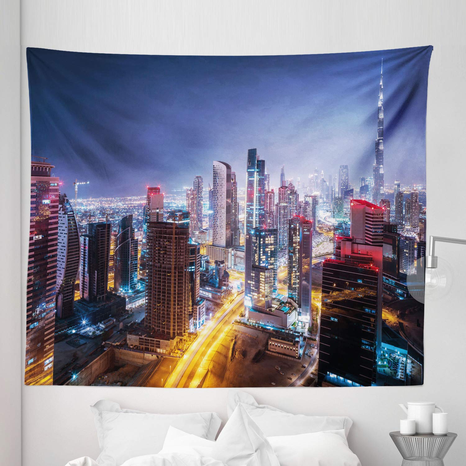 Ambesonne Dubai City Tapestry King Size - Vibrant Nighttime Dubai Skyline Wall Art Decor | UAE Travel Theme Bedspread & Wall Hanging (104x88 Inches, Multicolor) | Perfect for Bedroom Decor, Living Room Accent, Dorm Room or Gift for Travel Lovers