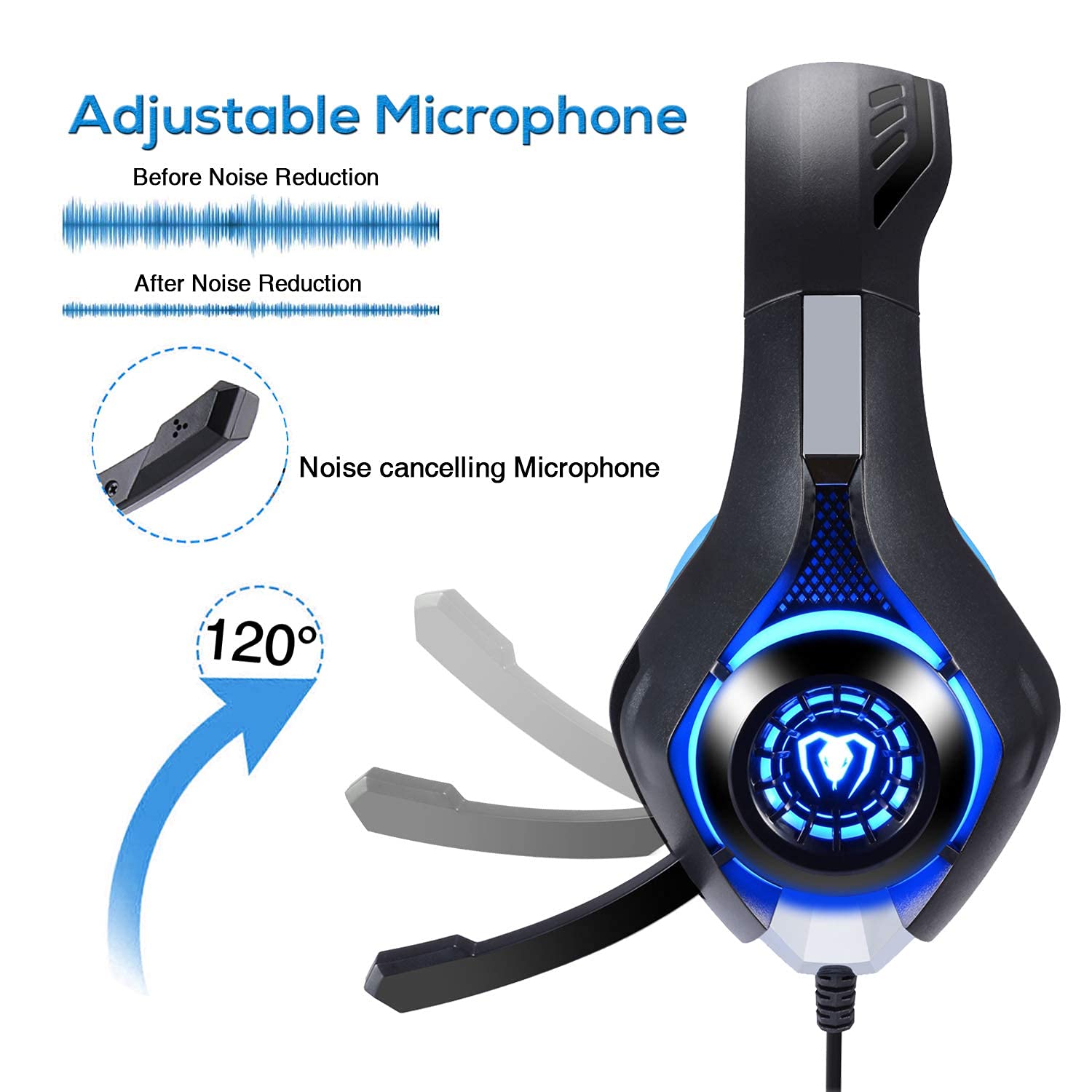 BlueFire Gaming Headset for Xbox One, PS4, PC & Laptop - Wired 3.5mm Jack Headphones with LED Lights, Noise-Canceling Mic & Stereo Bass - Perfect for Gaming, Streaming & Online Classes (Blue)