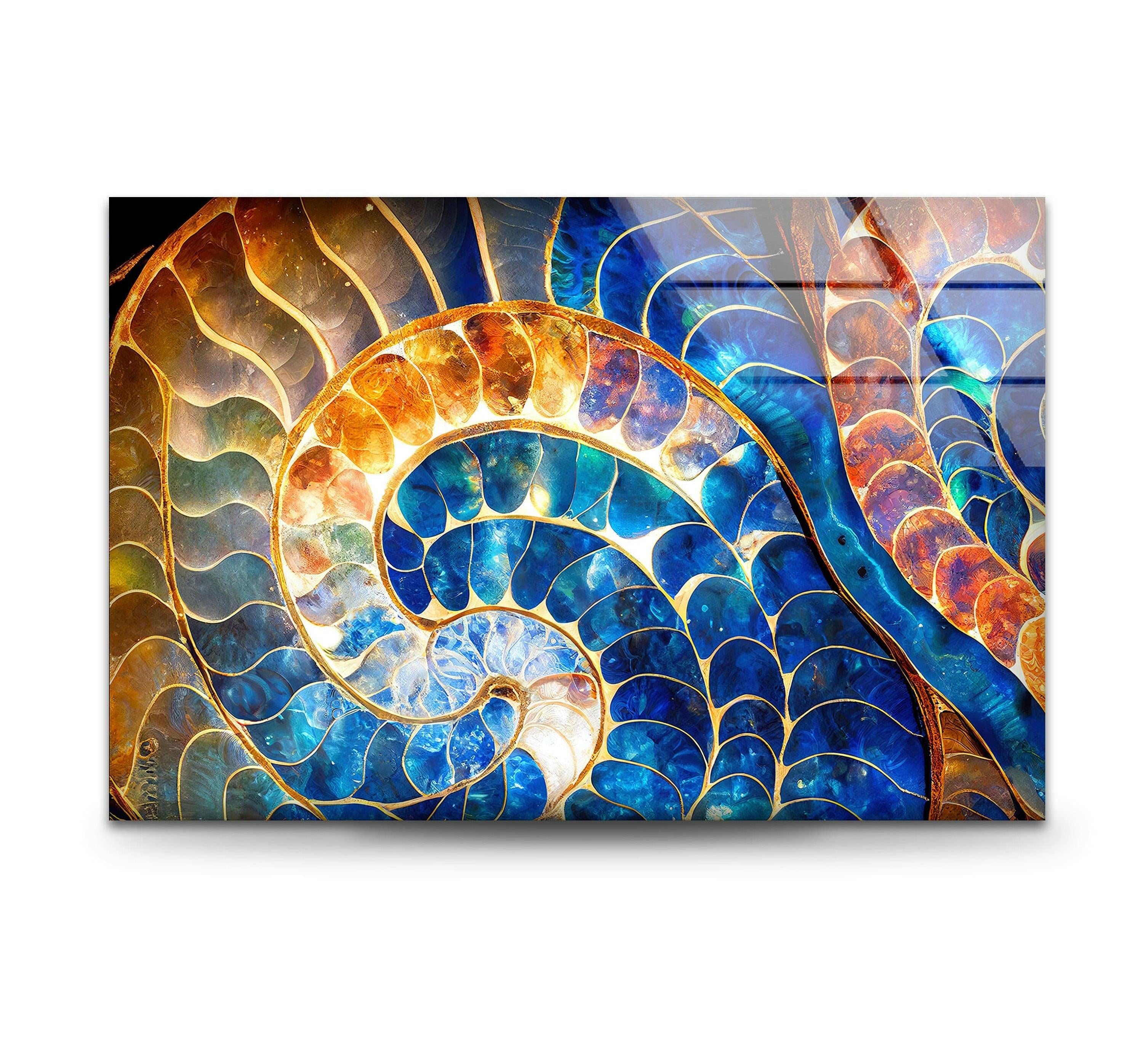 Blue & Orange Shell Glass Wall Art - Handmade Coastal Decor for Living Room, Bedroom, or Beach House - Perfect for Boho, Nautical & Seaside Home Decor