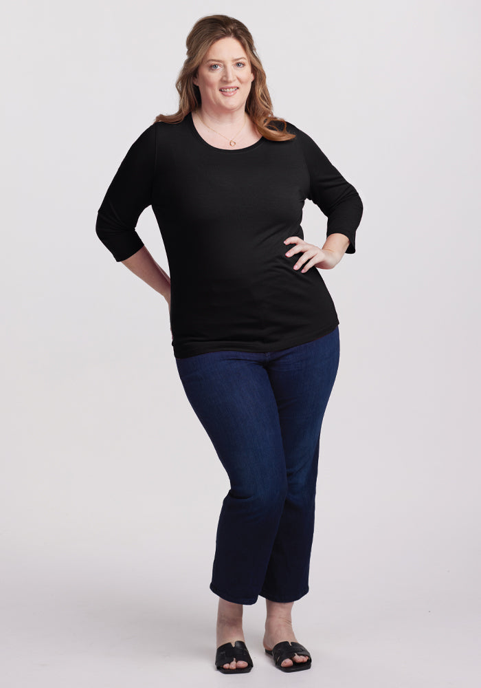 Jenny Women's 3/4 Sleeve Crew Neck T-Shirt - Black | Casual Everyday Wear & Layering Essential