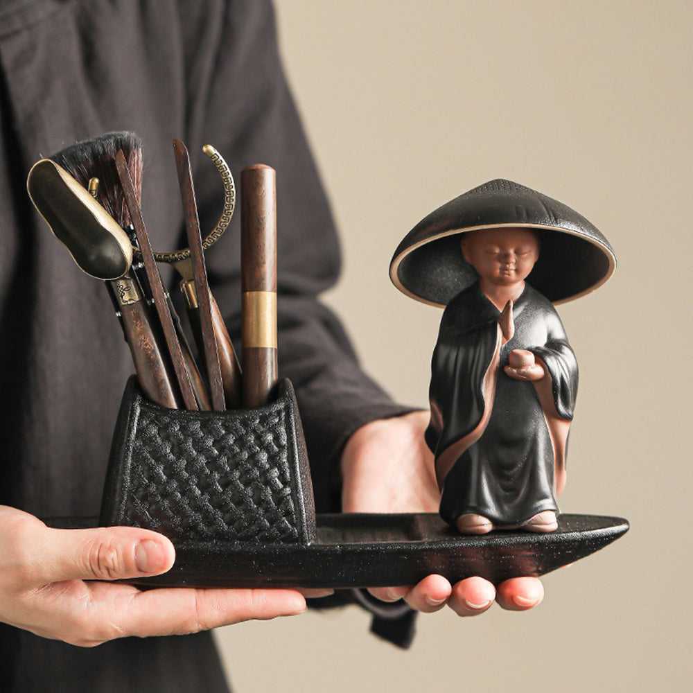 Premium Ceramic Tea Boat Set with Monk Figurine - Perfect for Gongfu Tea Ceremony, Zen Meditation & Home Decor