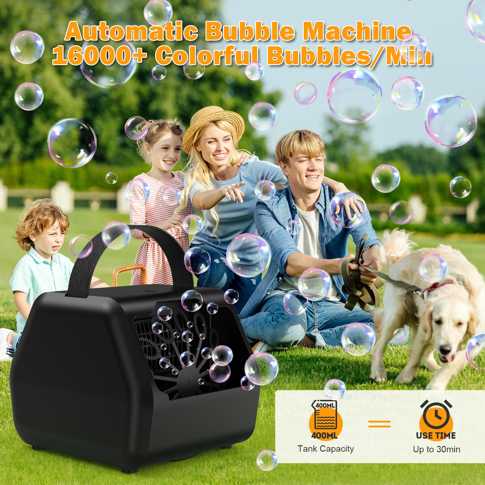 Rechargeable Bubble Machine for Kids - 16000+ Bubbles Per Minute with 2 Speed Settings | USB/Battery Operated Outdoor Bubble Blower for Birthday Parties, Weddings, Backyard Fun (Black) - Perfect for Summer Outdoor Play, Kids Entertainment, and Event Decorations