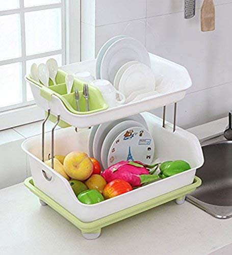 Vruta 2-Tier Plastic Dish Drainer Rack - Kitchen Sink Organizer for Plates, Cutlery, Fruits & Vegetables - Space-Saving Drying & Storage Stand (Multi-Color) | Perfect for Small Kitchens & Countertop Organization
