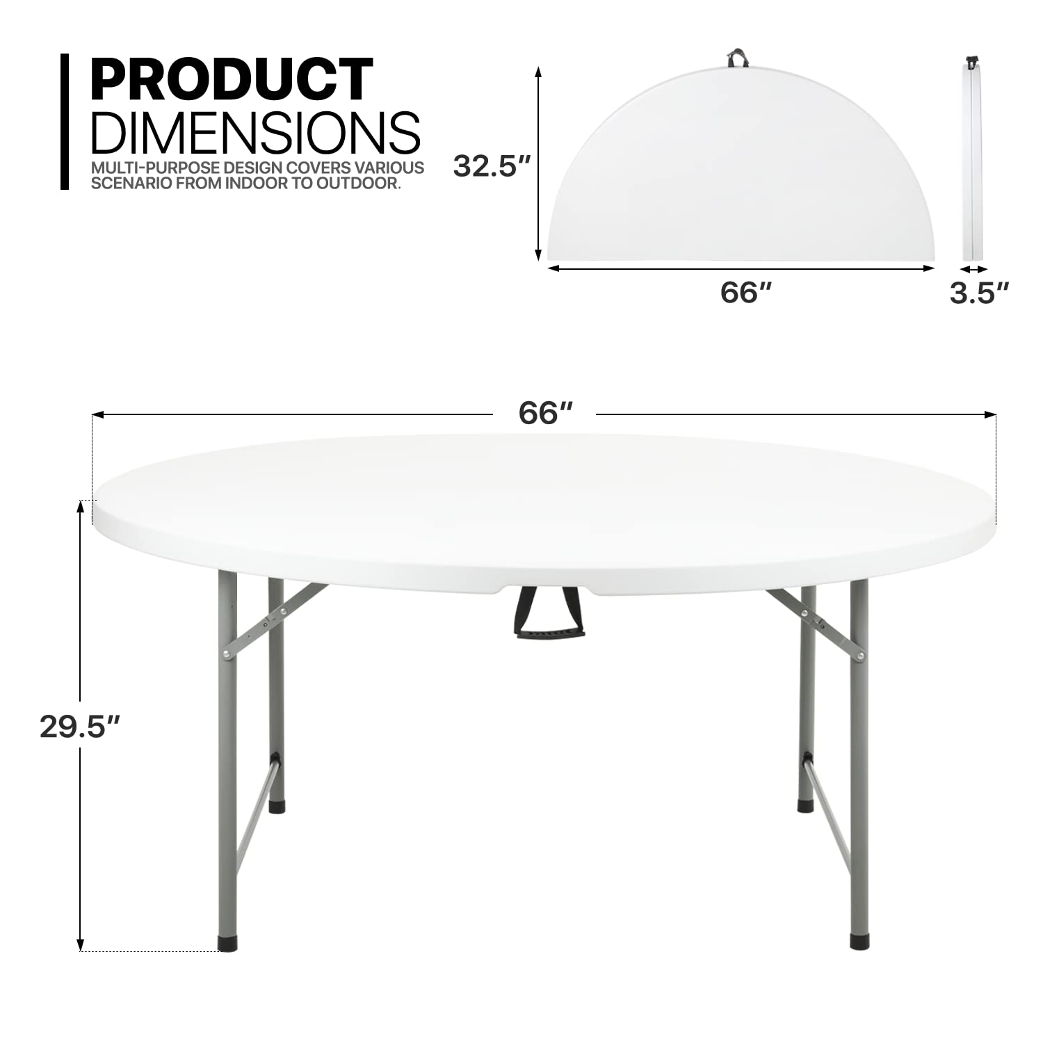 MoNiBloom 5.5 Foot Round Folding Table - Portable Plastic Dining Table with Handle & Lock for Indoor Outdoor Use - Perfect for Picnic, Party, Banquet, Wedding (White)