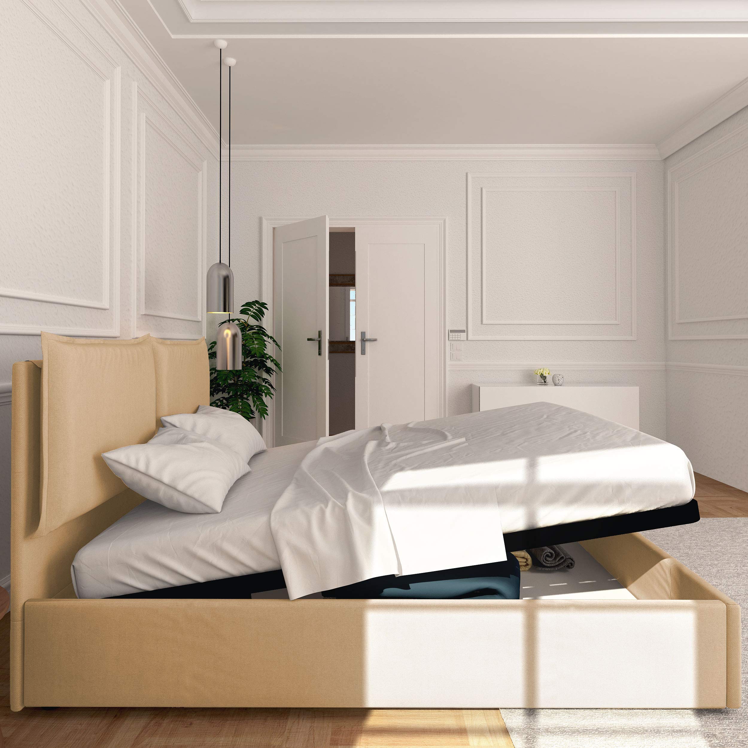 Baldiflex Licia Queen Size Bed Frame with Upholstered Synthetic Leather Headboard and Slatted Base - 160x190cm Mattress Foundation for Master Bedroom, Guest Room & Modern Home Decor