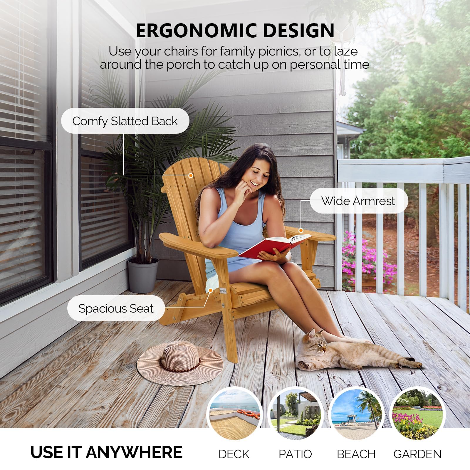 VINGLI 4-Piece Folding Adirondack Chairs Set - Weather-Resistant Outdoor Patio Furniture for Backyard, Garden, Campfire & Bonfire - Comfortable Highwood Lounge Chairs with Fire Pit Compatibility