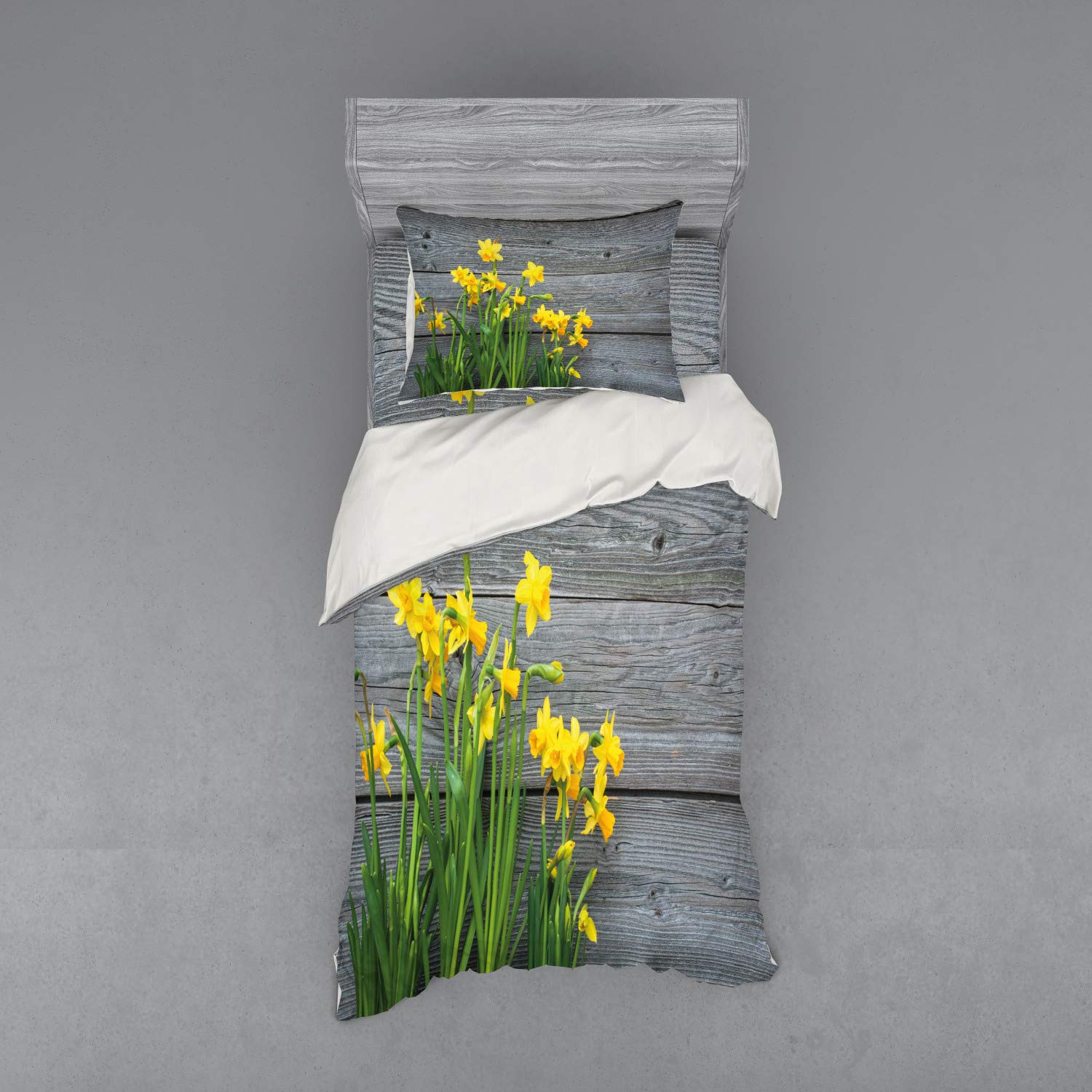 Ambesonne Yellow Flower Bedding Set - 3 Piece Duvet Cover with Sham & Fitted Sheet, Twin Size, Rustic Daffodil Bouquet Design on Wood Planks, Yellow & Grey Country Style | Perfect for Farmhouse, Cottage, or Garden-Themed Bedrooms