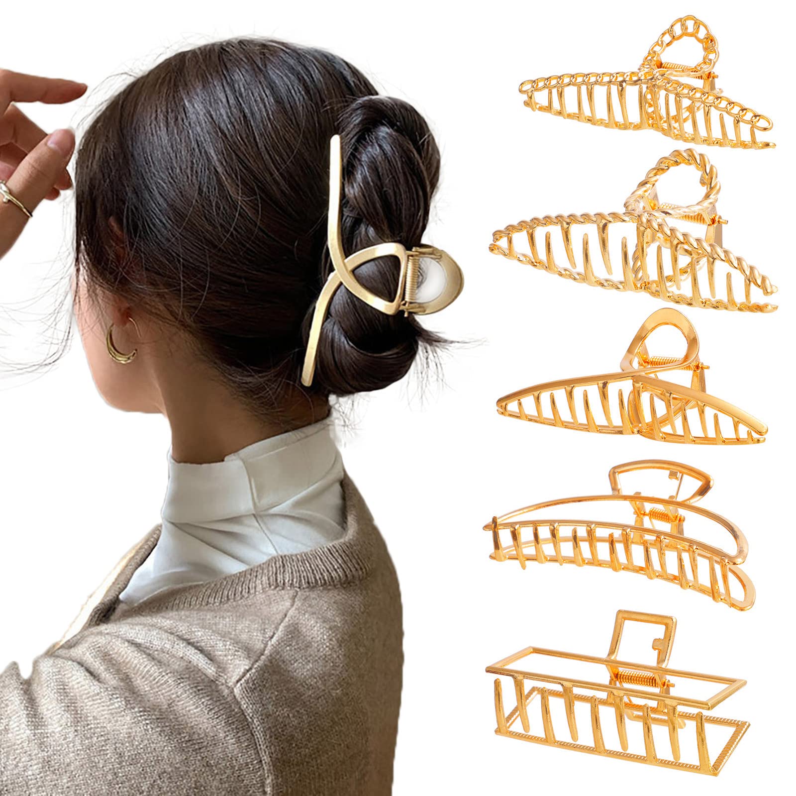 5PCS Large Claw Hair Clips for Thick Hair - Strong Hold Non-Slip Banana Hair Clips for Women (Metal Gold) - Perfect for Updos, Ponytails & Everyday Hairstyles