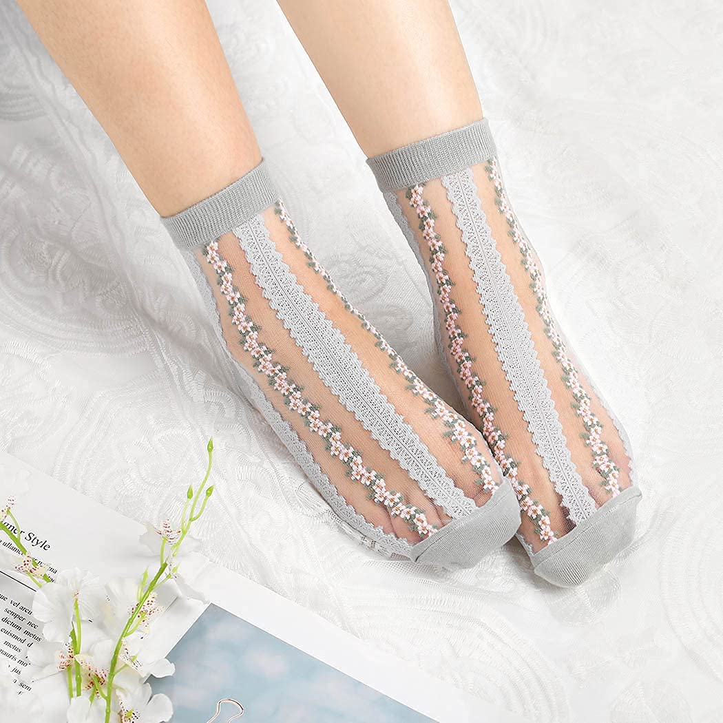5 Pairs Women's Floral Ankle Socks - Black Breathable Elastic Silk Blend Socks with Embroidery Detail for Daily Wear & Fashion Outfits | Perfect for Work, Casual & Special Occasions