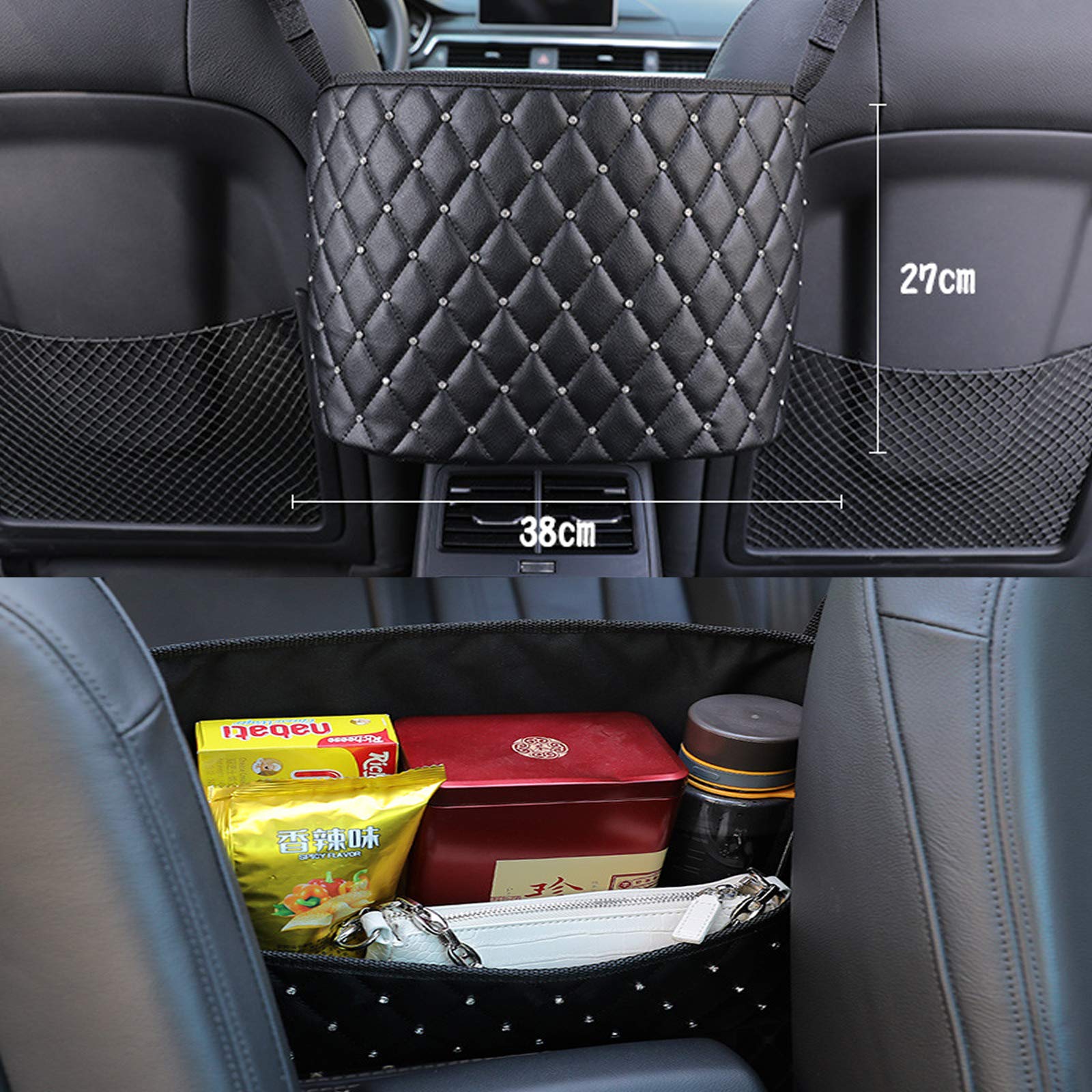 Diamond Car Net Pocket Handbag Holder - Bling Driver Storage Netting Pouch for Front Seat Organizer | Backseat Pet & Kids Barrier | Car Purse Storage Organizer (Black with Rhinestones) - Perfect for Road Trips, Daily Commutes & Keeping Your Vehicle Tidy
