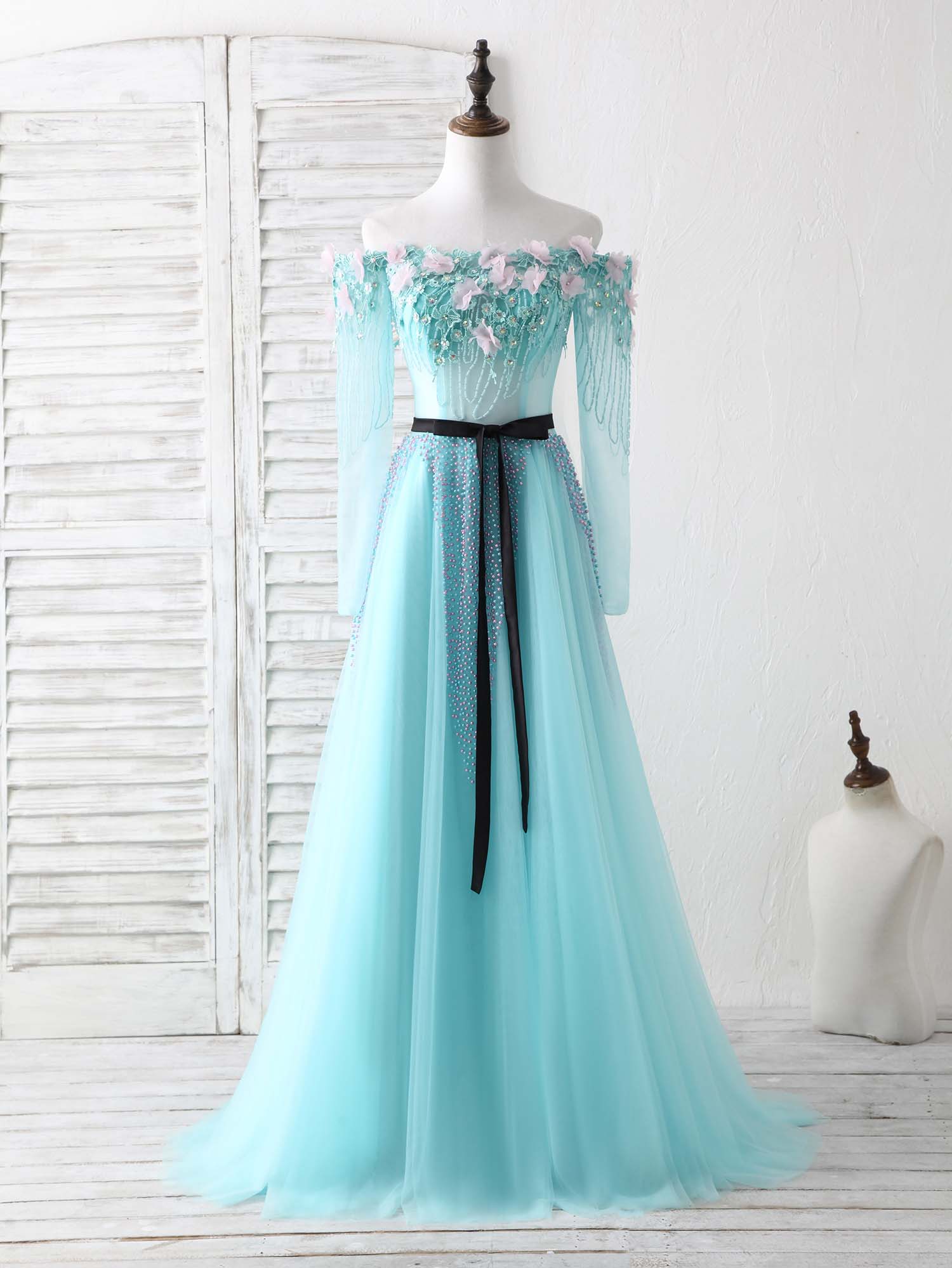 Elegant Blue Tulle Beads Long Prom Dress with Beaded Details - Perfect for Evening Gala, Formal Dance & Special Occasions