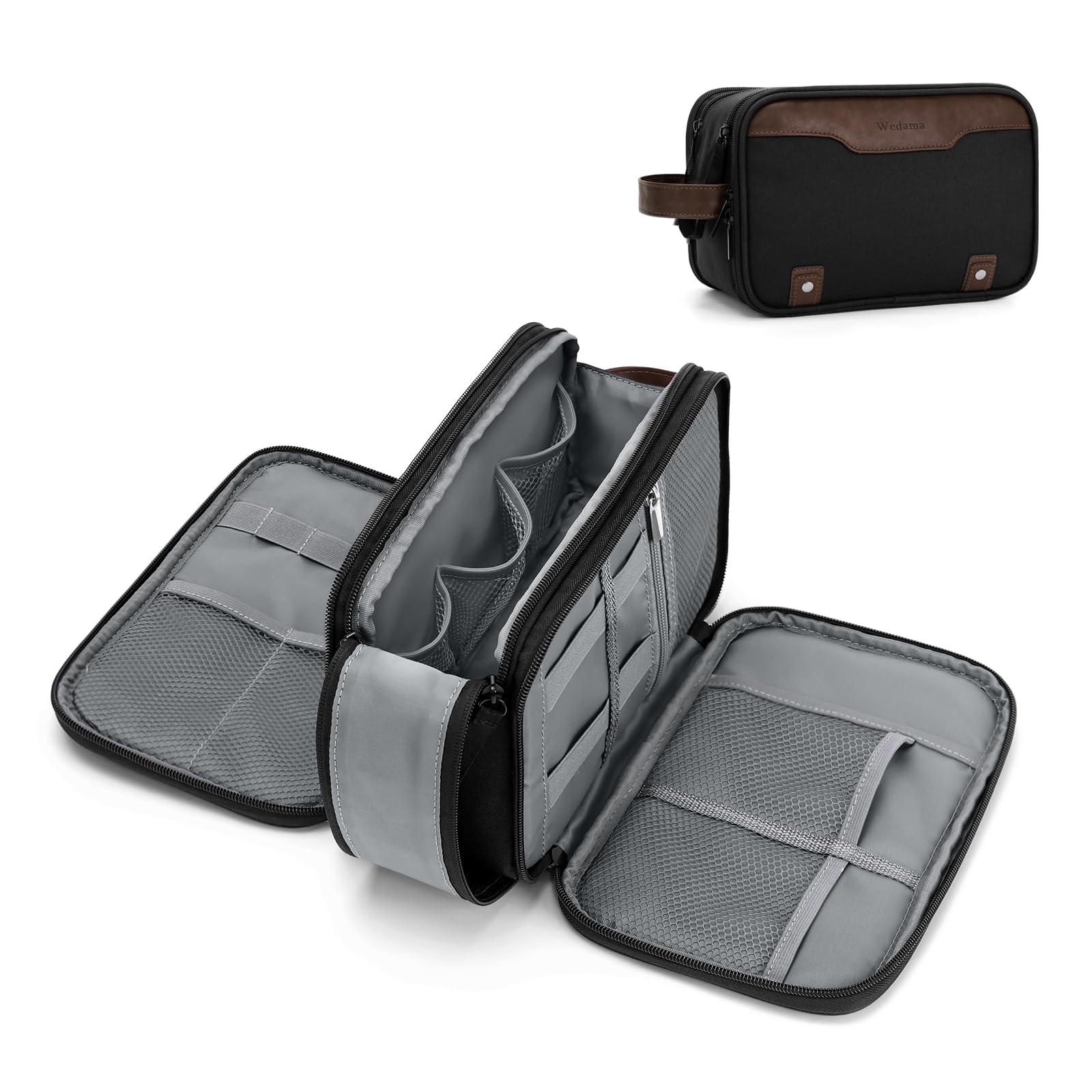 **Wedama Men's Hanging Travel Toiletry Bag - Medium Waterproof Organizer with PU Handle & Extra Electronic Pockets - Perfect for Business Trips, Camping, Swimming & Travel Accessories (Black & Brown)**