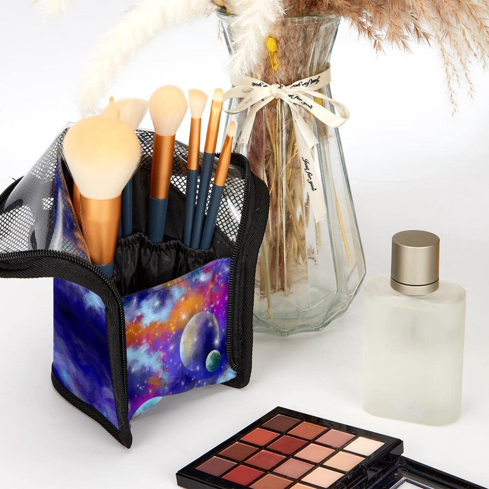 Premium Makeup Brush Organizer Bag with 12 Slots - Nebula Sky Galaxy Design - Portable Cosmetic Brush Holder Case for Travel & Home Storage - Perfect for Makeup Artists & Beauty Enthusiasts