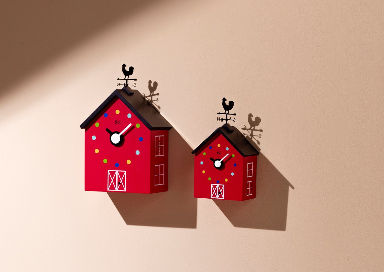 KOOKOO Red Barn Large Farmhouse Wall Clock - 12 Animal Sounds, Rooster & Rotating Weathervane | Rustic Home Decor for Kitchen, Living Room, Nursery