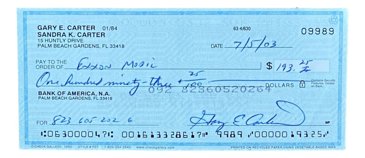 Gary Carter Montreal Expos Autographed Signed Bank Check #9989 BAS - Authentic MLB Memorabilia for Collectors & Sports Fans
