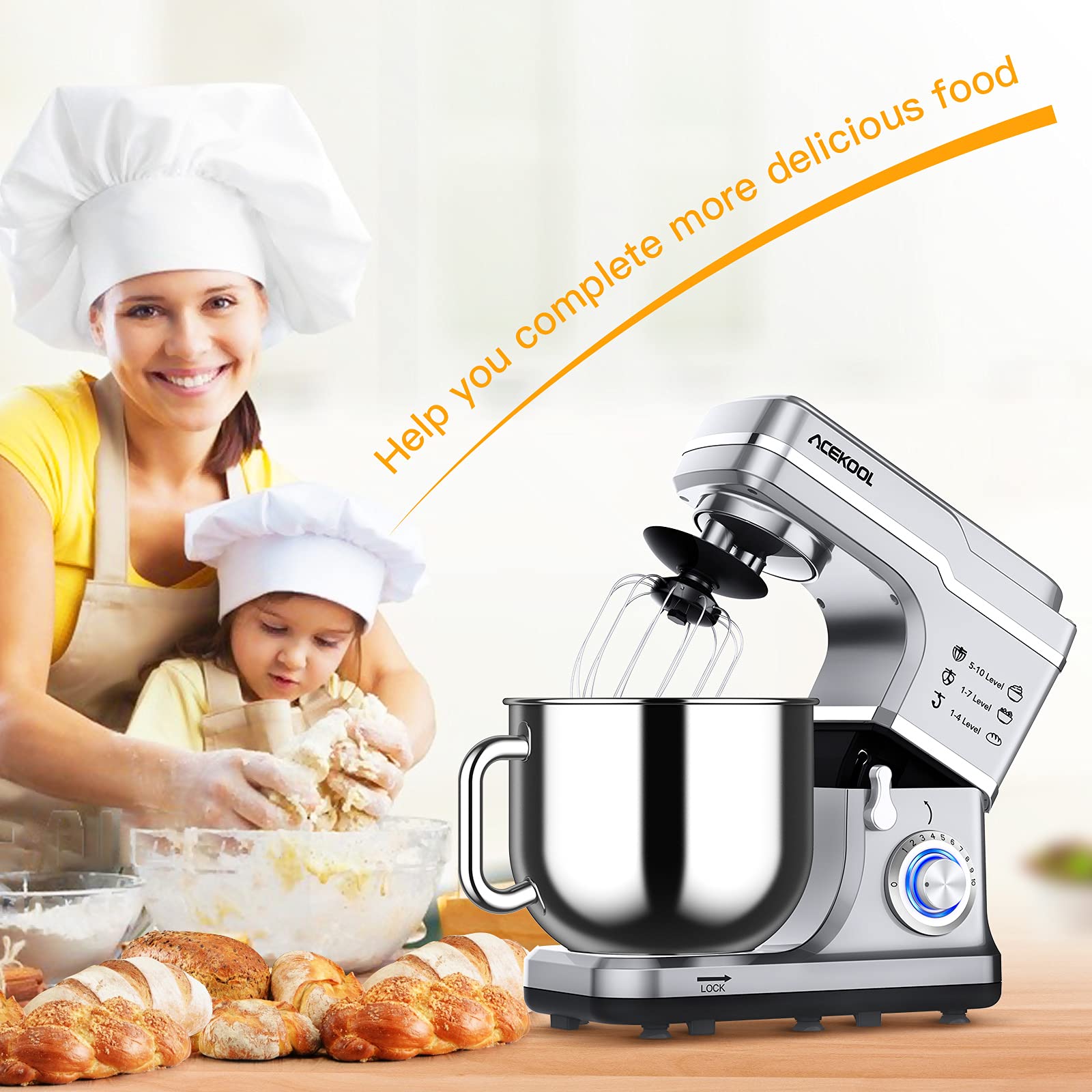 7.5QT 10-Speed 660W Tilt-Head Stand Mixer - Professional Kitchen Electric Food & Cake Mixer with Stainless Steel Bowl, Whisk, Dough Hook, Beater & Splash Guard (Silver) - Perfect for Baking Cakes, Cookies, Bread & Pastries at Home