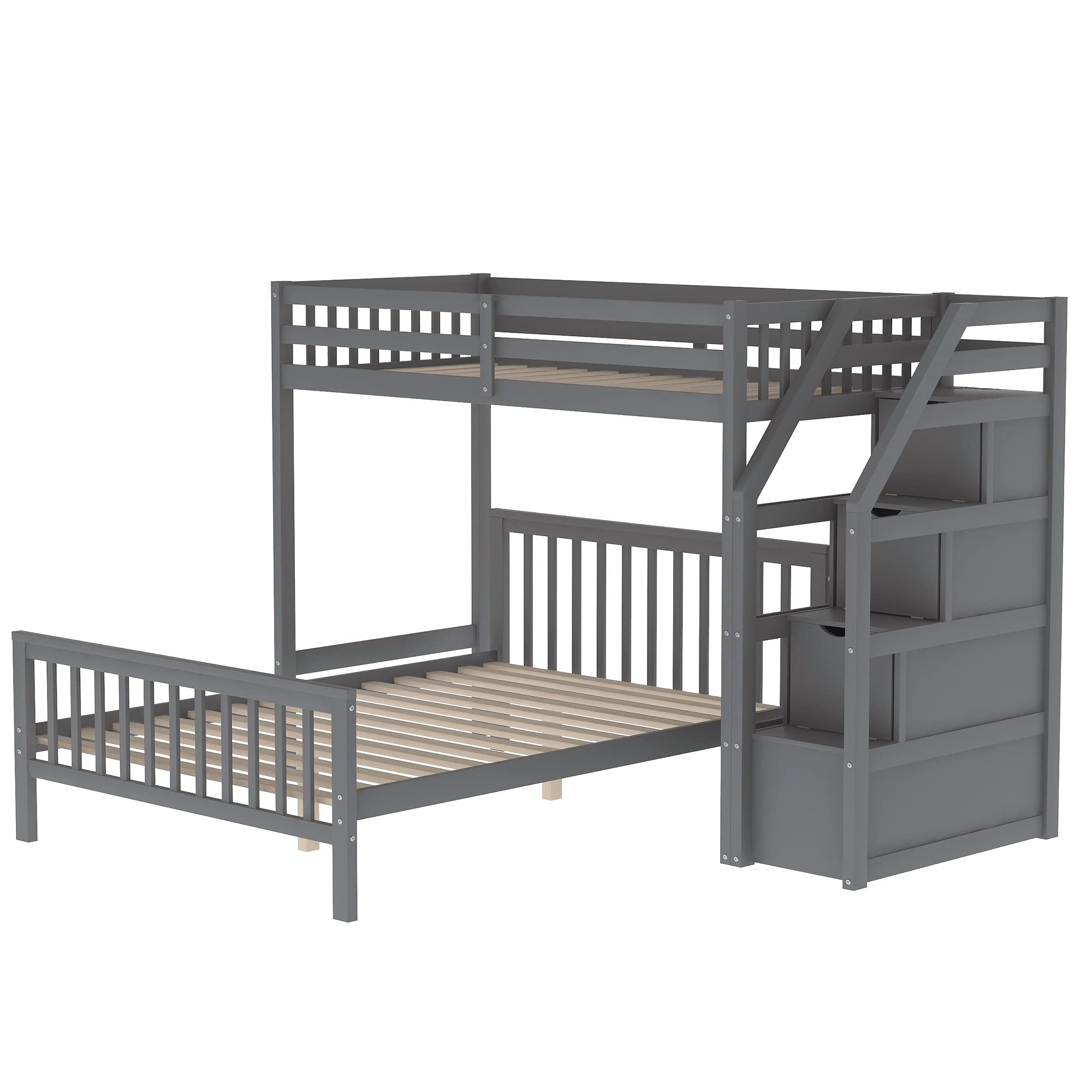 Harper & Bright Designs Twin Over Full L-Shaped Wood Bunk Beds for Kids with Stairway & Storage - No Box Spring Needed, Gray - Perfect for Small Bedrooms, Shared Kids' Rooms & Space-Saving Sleep Solutions