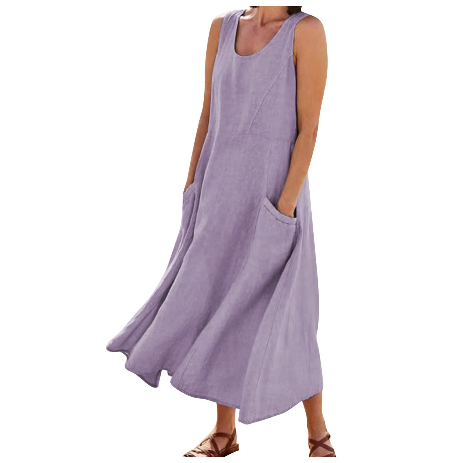 Women's Summer Casual Cocktail Dress - Solid Color Sleeveless Cotton Linen Pocket Dress for Party, Wedding & Vacation | Breathable & Comfortable Day to Night Wear