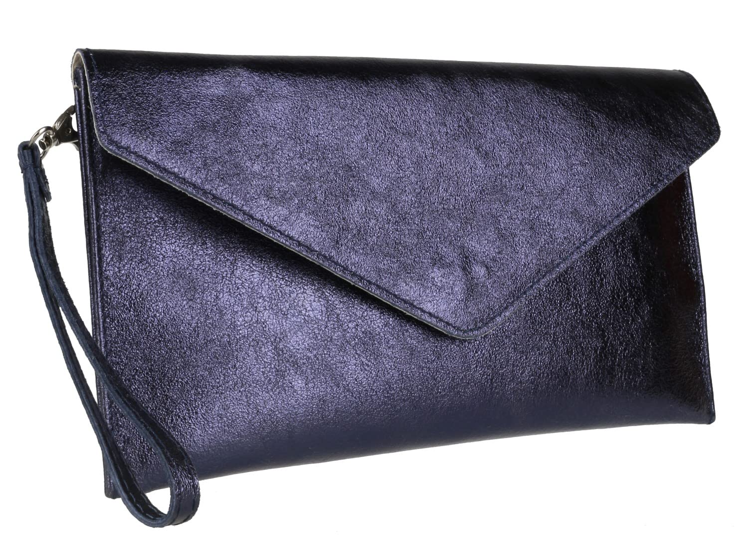 Stylish Italian Leather Metallic Shimmer Envelope Clutch Bag for Women - Elegant Evening Party, Wedding & Date Night Accessory