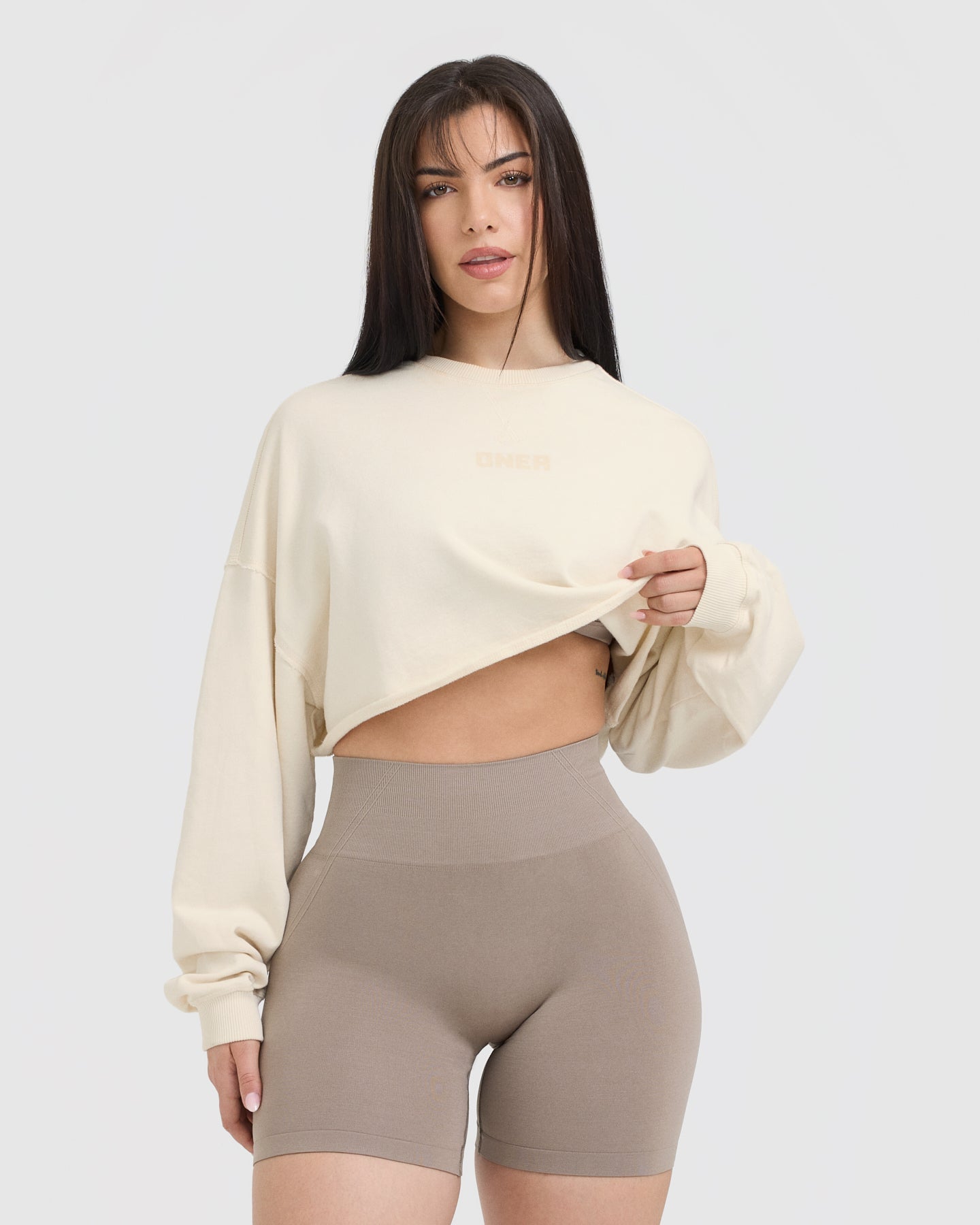 Raw Lounge Crop Sweatshirt for Women | Off-White Oversized Pullover | Casual Streetwear, Loungewear & Yoga Outfit
