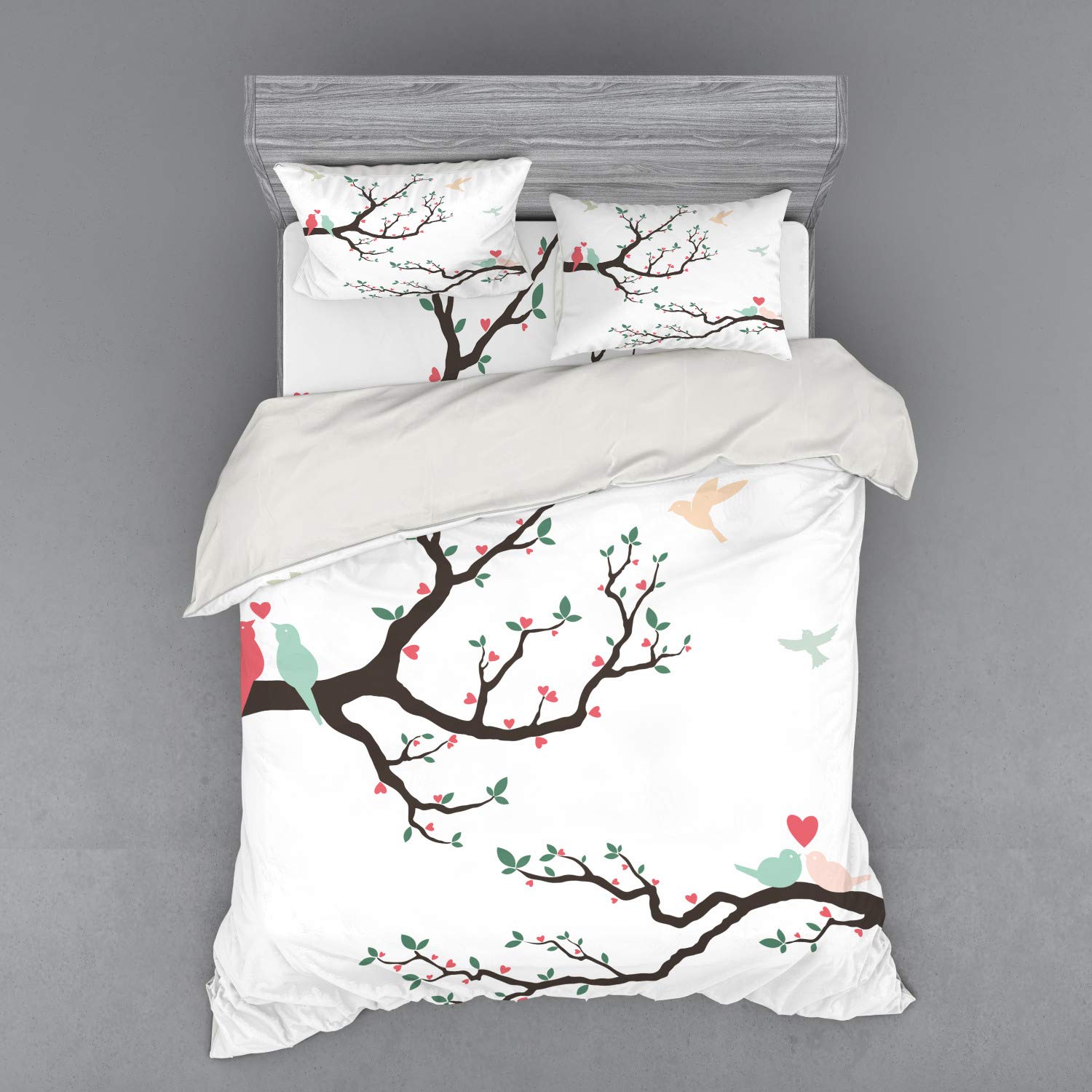 Ambesonne Love Duvet Cover Set - Retro Birds on Tree Branch Design, 4-Piece Queen Size Bedding Set with Shams & Fitted Sheet in Green, Pink & Brown - Perfect for Romantic Bedrooms, Anniversary Gifts & Vintage Home Decor