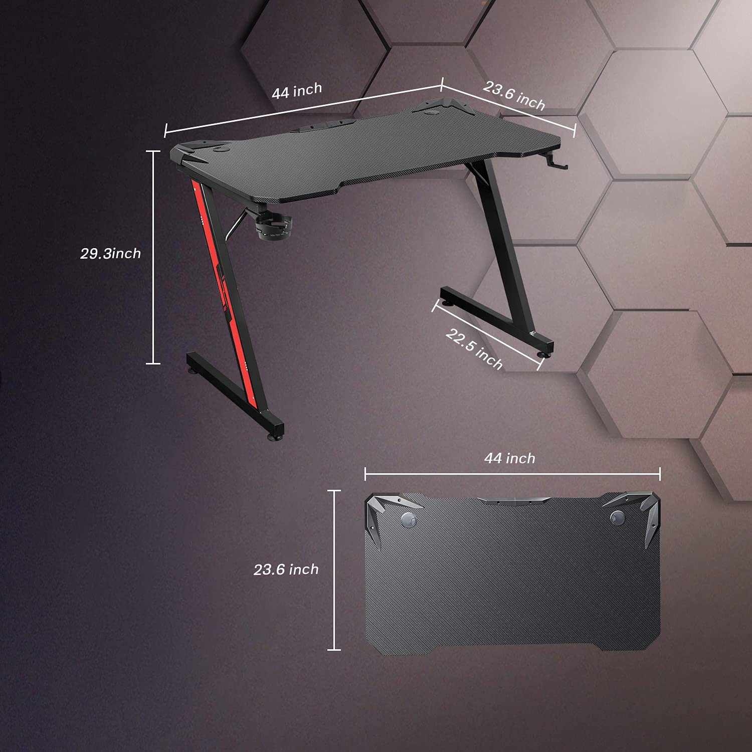 Homall 44-inch Black Gaming Desk - Carbon Fiber Surface Z-Shaped PC Computer Workstation with Cup Holder & Headphone Hook - Perfect for Home Office, Streaming Setup & Esports Gaming Battlestation