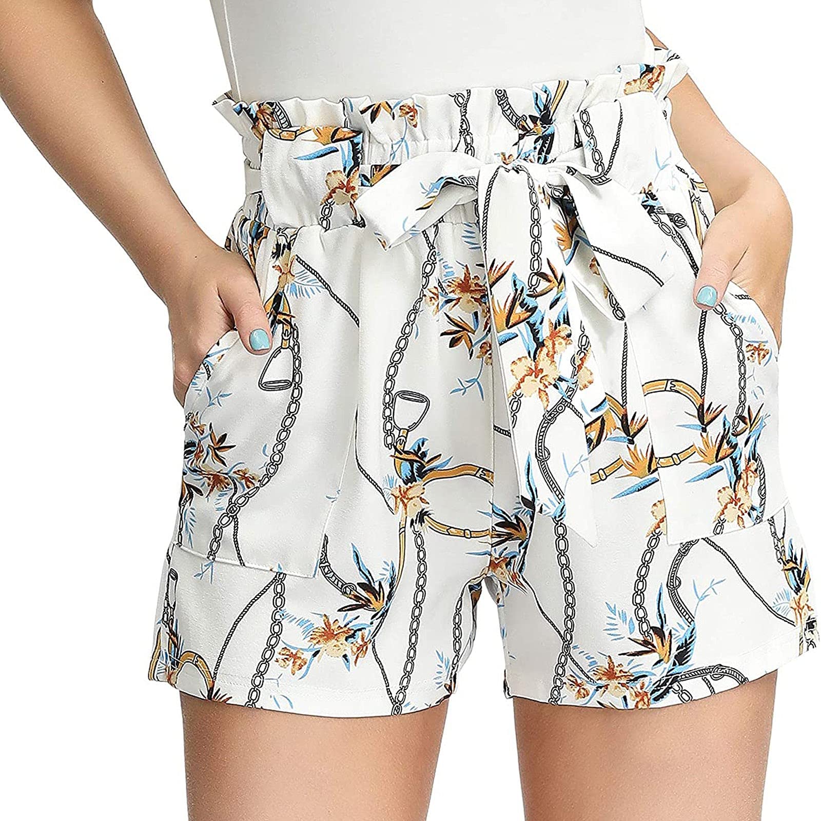 Women's Casual Elastic Waist Striped Shorts with Pockets - Beach & Summer Wear