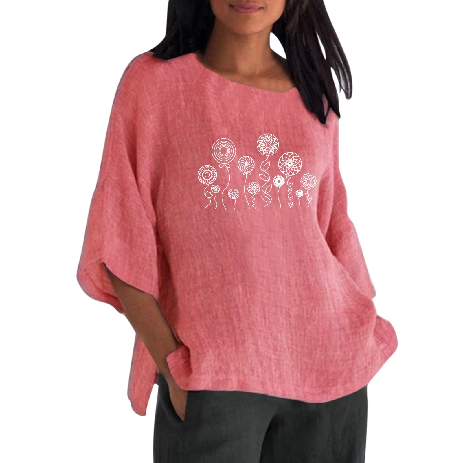 Women's Floral Printed 3/4 Sleeve Loose T-Shirt - Summer Casual Crew Neck Top for Everyday Wear, Outings & Vacation Outfits