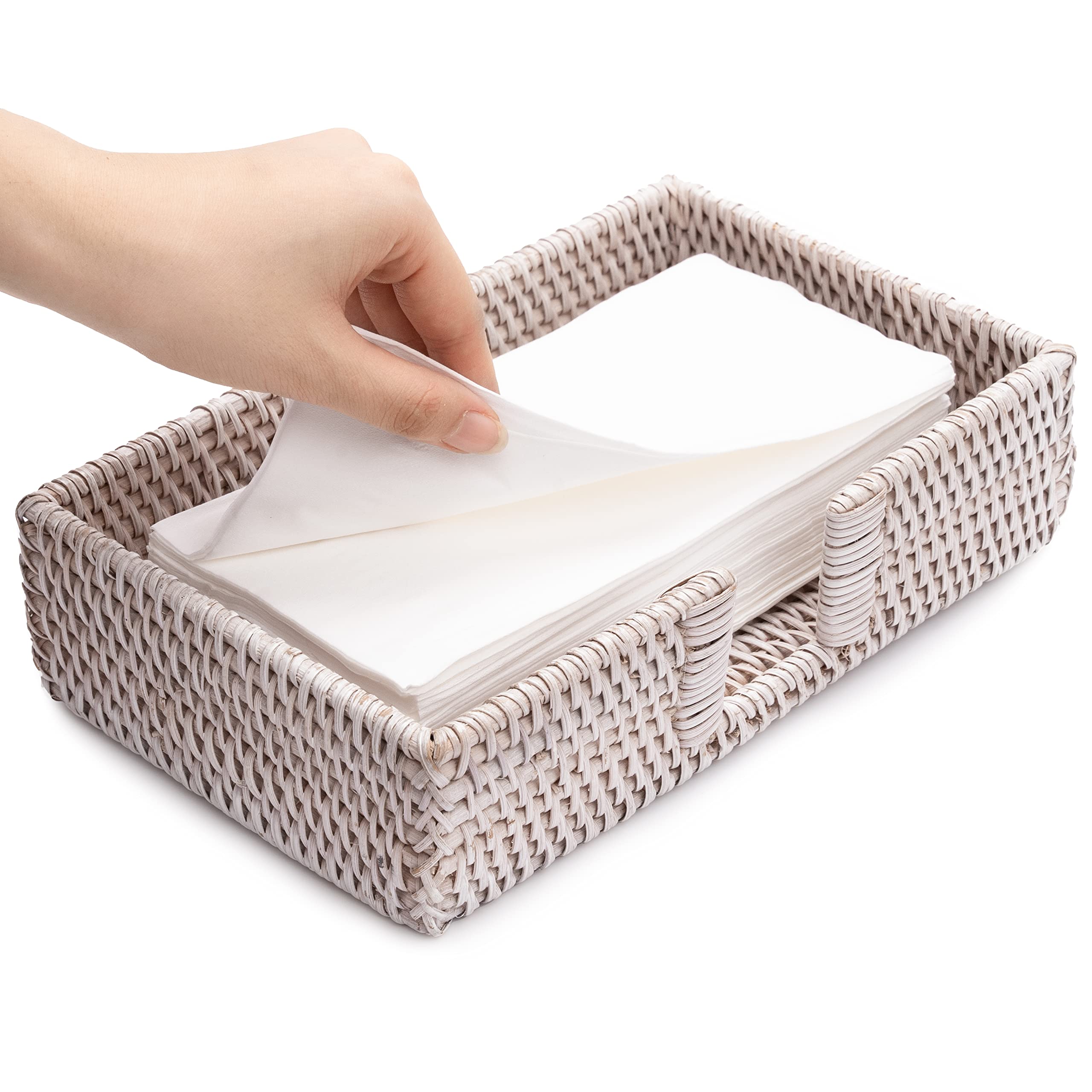 White Rattan Bathroom Towel Holder - Rectangular Wicker Tissue & Hand Towel Storage Basket (9.4