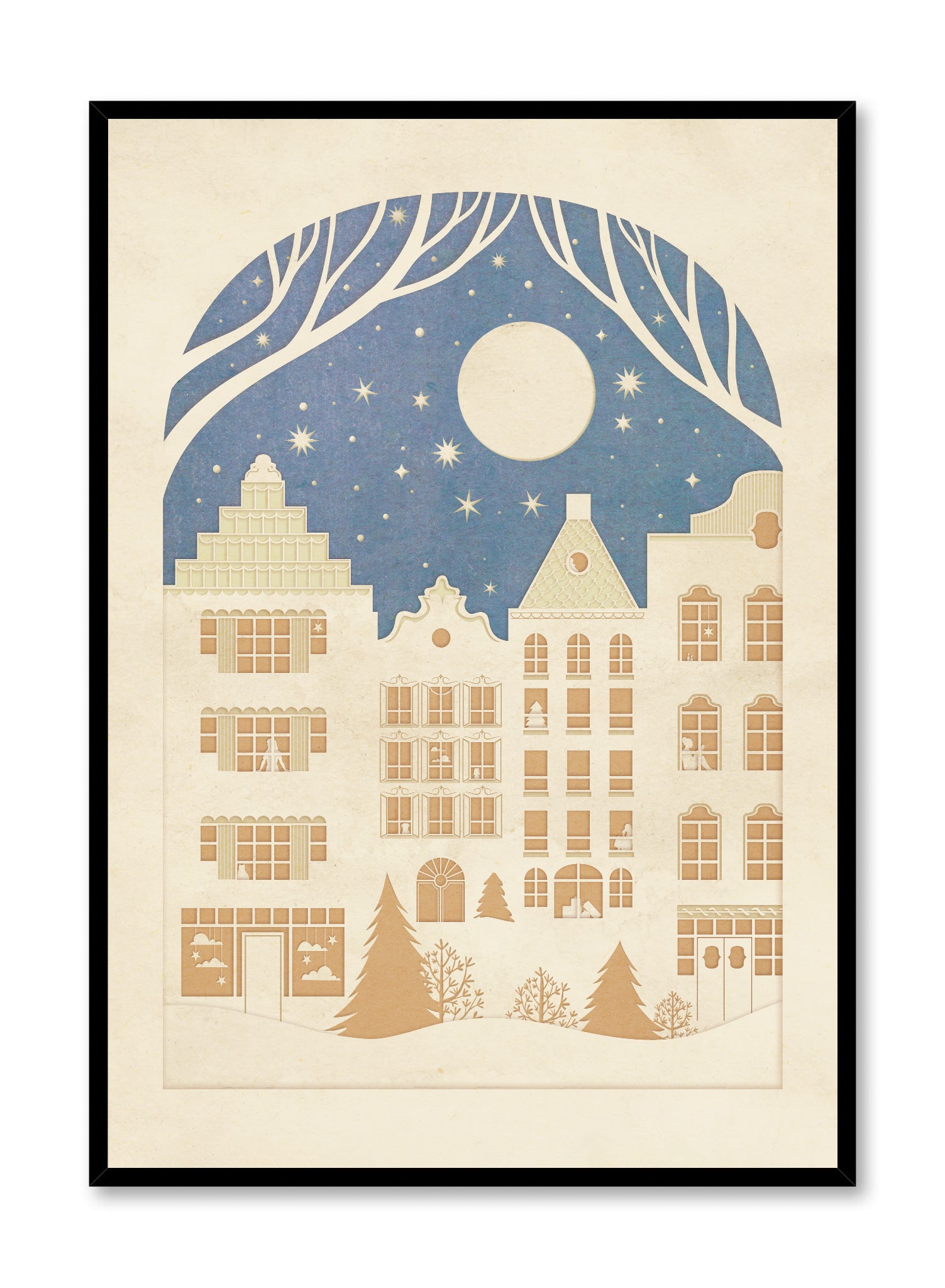 Papercut Winter in the City Art Print - Handmade Scandinavian Style Wall Decor for Living Room, Bedroom & Office - Perfect for Christmas & Winter Home Decoration