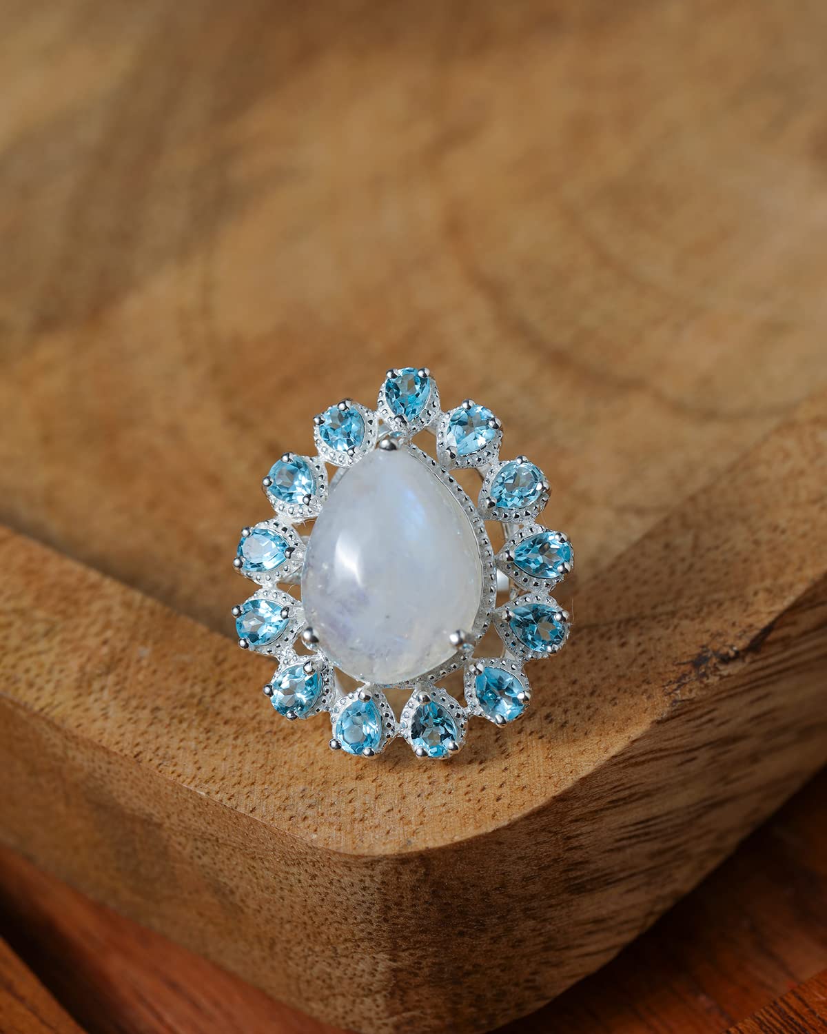 YoTreasure 925 Sterling Silver Pear Shaped Gemstone Engagement Ring for Women - Larimar, Turquoise, Moonstone, Blue Topaz, Rose Quartz & Rhodolite Garnet | Perfect for Weddings, Anniversaries & Special Occasions
