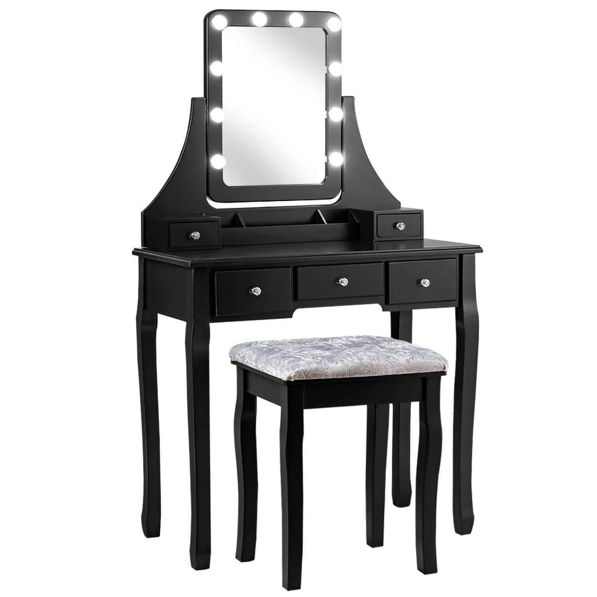 Modern Vanity Set with LED Lighted Mirror & Storage Drawers - 360° Rotatable Makeup Dressing Table with Cushioned Stool, Bedroom Furniture for Women | Perfect for Small Spaces, Makeup Application & Home Decor (Black)