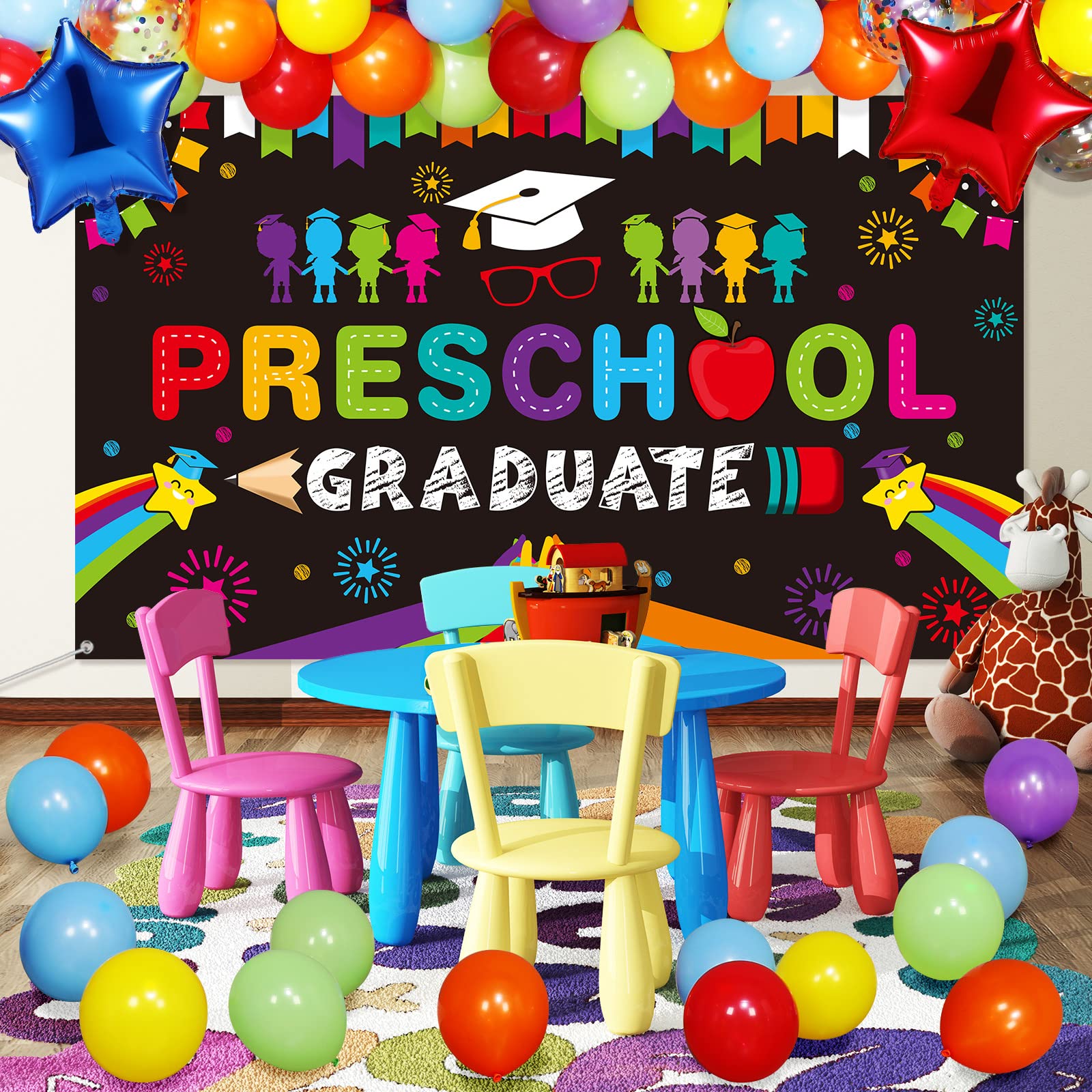 Oudain 2025 Preschool Graduation Party Decorations Kit - Includes Kindergarten Graduation Backdrop & Balloon Garland for Pre-Elementary Celebration - Perfect for Classroom Decorations, Graduation Ceremonies & Photo Booths (Black)