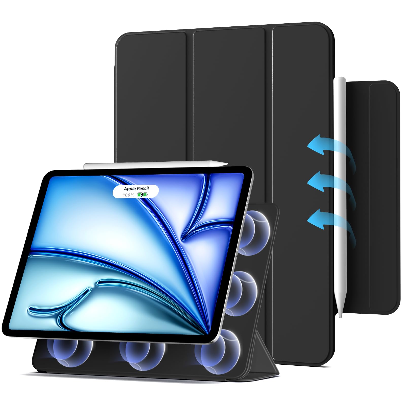 Aoub Magnetic Case for iPad Air 11 inch M3/M2 (2025/2024), iPad Air 5th/4th Gen (2022/2020), iPad Pro 11 (2018) - Slim Tri-fold Stand Cover with Magnetic Attachment, Compatible with Apple Pencil Pro & USB-C - Perfect for Work, Travel & Home Use - Black