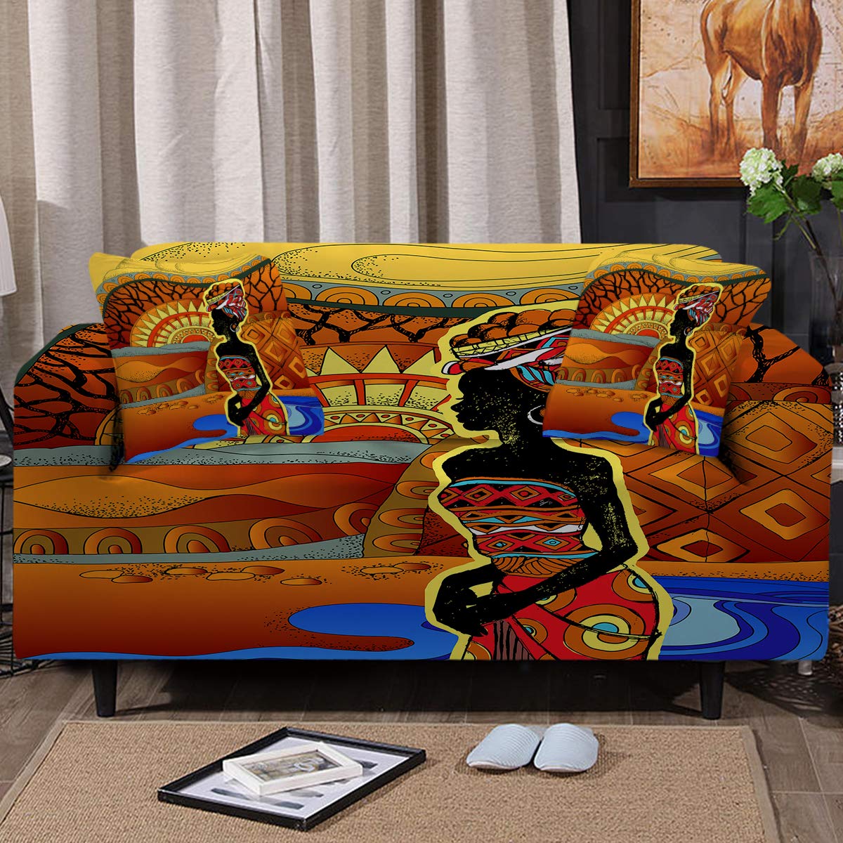 Sleepwish African Print Sofa Slipcover - 3-Piece Stretch Couch Cover for Loveseat, Armchair or Sofa | Includes 2 Free Decorative Pillow Covers | Perfect for Living Room, Bedroom & Home Decor