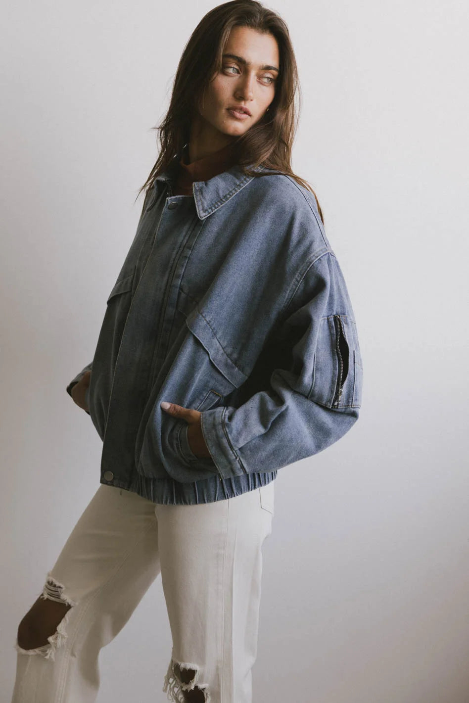 Maeve Women's Denim Bomber Jacket - Stylish Lightweight Casual Outerwear for Spring & Fall | Perfect for Everyday Wear, Date Nights & Weekend Outings