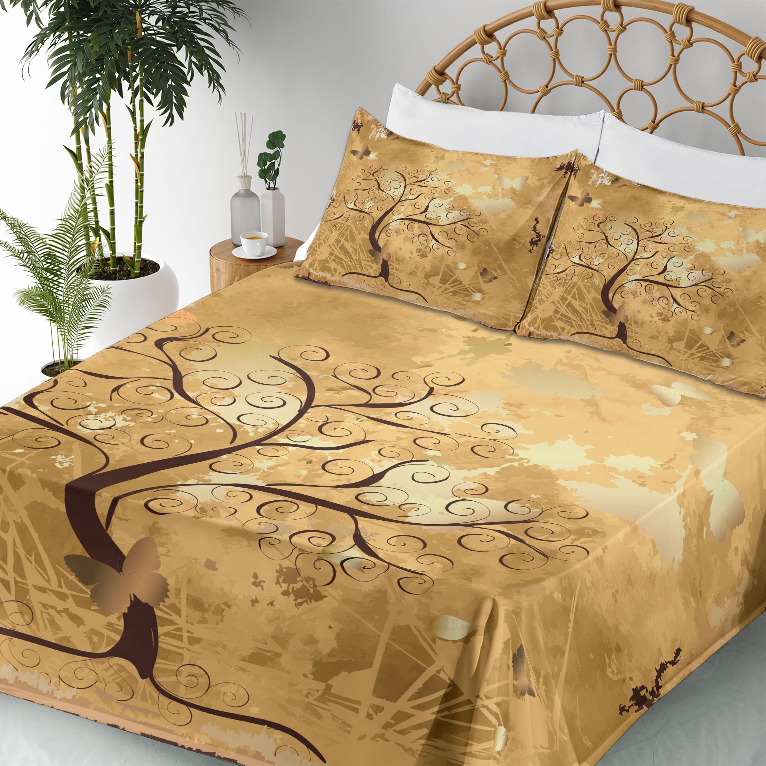 Ambesonne Tree Sheet Set 4-Piece - Grunge Style Swirled Branches & Butterfly Silhouettes - King Size Brown & Pale Brown Bedding - Fitted & Flat Sheets with Pillowcases - Perfect for Boho & Nature-Inspired Bedrooms
