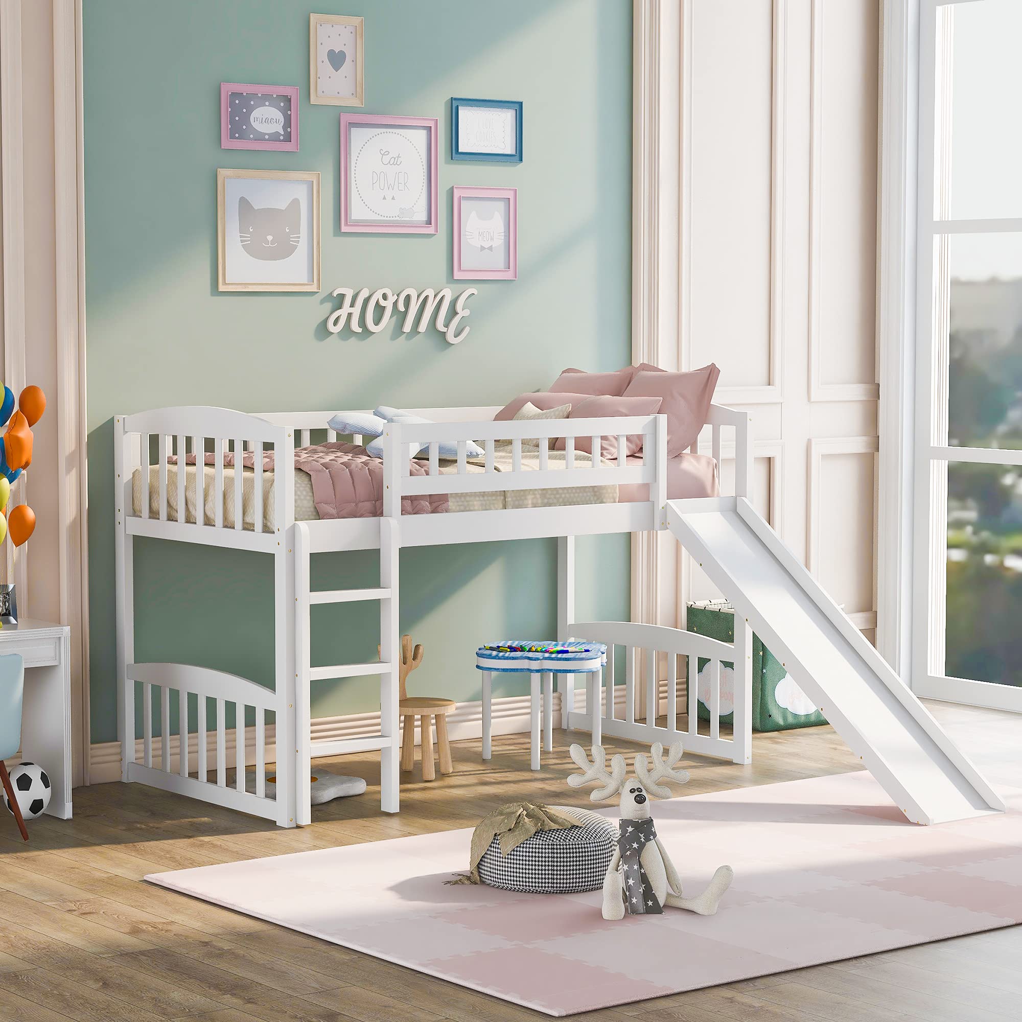 Bellemave Twin Loft Bed with Slide and Ladder - Low Height Wooden Kids Bunk Bed for Boys and Girls in White - Perfect for Small Bedrooms, Playrooms & Sleepovers