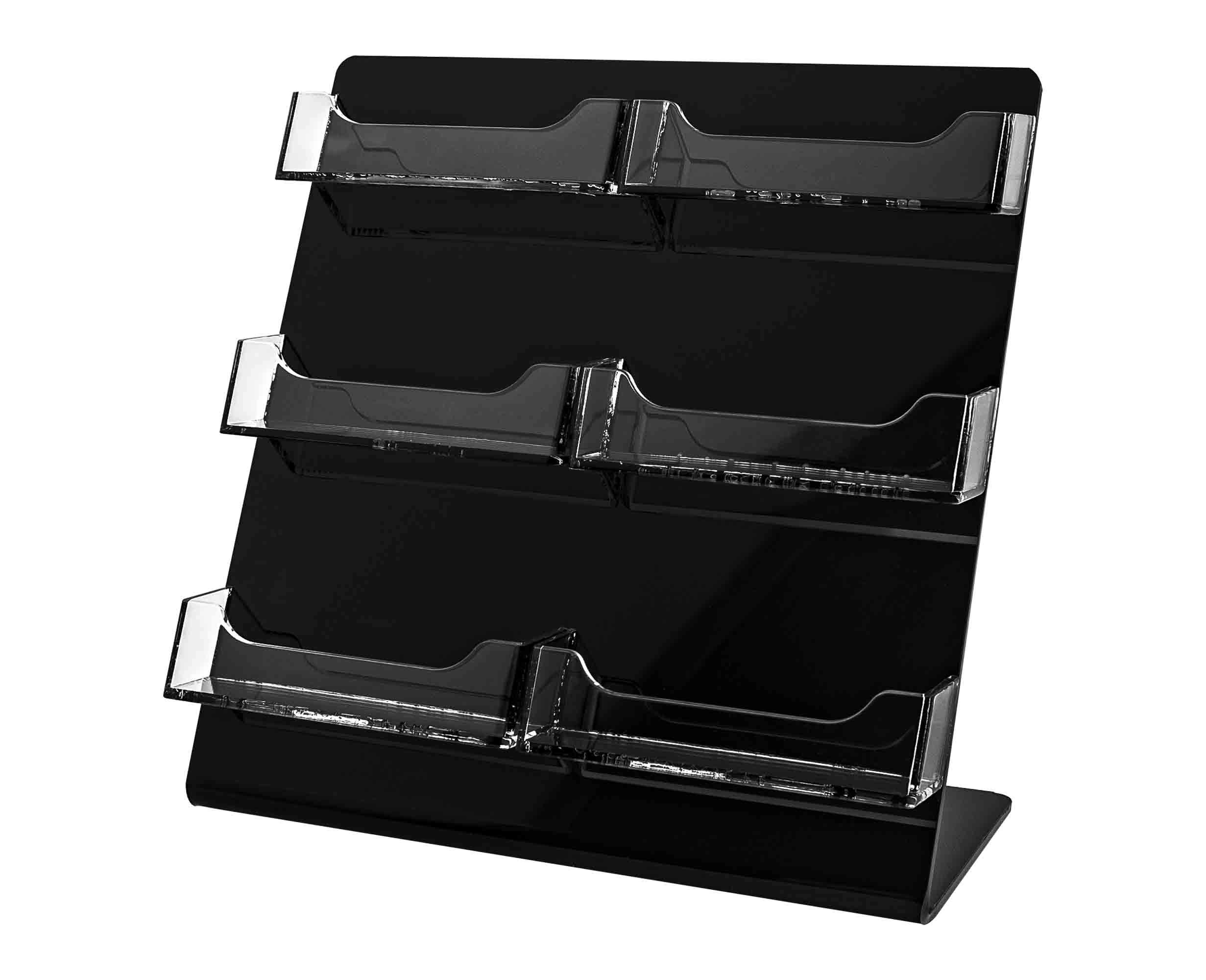 6-Pocket Acrylic Business Card Holder - Black & Clear Freestanding Display for Office, Retail & Events | Multi-Pocket Desk Organizer for Cards, Tickets, Badges | Pack of 8 Slanted Vertical Holders