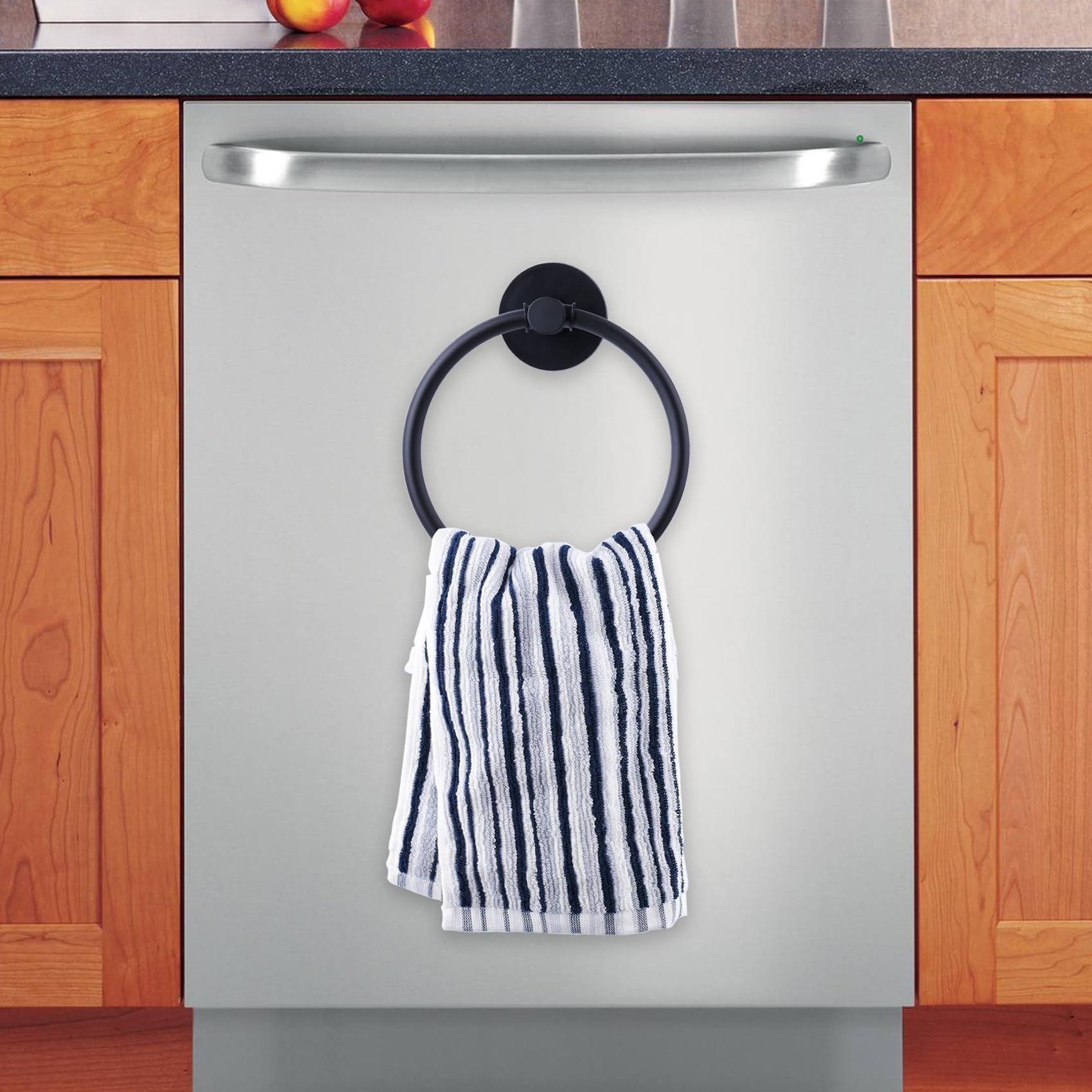 Black Magnetic Towel Ring - Strong Hand Towel Holder & Hook for Kitchen, Refrigerator, Oven, Dishwasher & Laundry | Perfect for Drying Towels Near Sink, Stove & Washing Machine