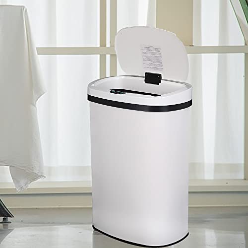 13 Gallon Automatic Sensor Trash Can with Lid - Stainless Steel Smart Garbage Bin for Bathroom, Office & Bedroom - Hands-Free Motion Sensor Technology for Convenient Waste Disposal (White)