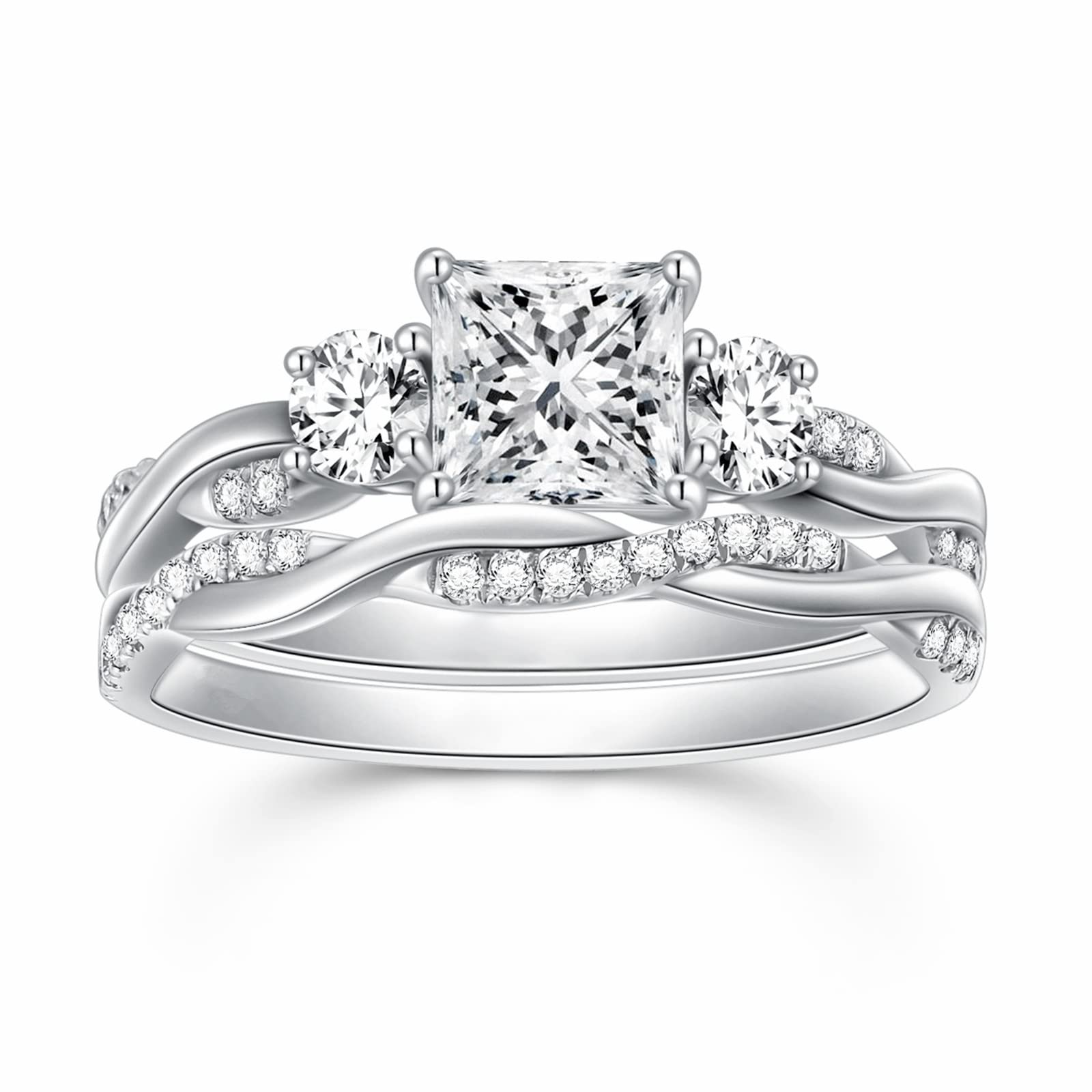 1.5 Carat Moissanite Princess Cut Wedding Ring Set for Women - White Gold & Platinum Plated Silver Engagement Ring with Twisting Infinity Pave Design - Perfect for Bridal, Anniversary, and Special Occasion Jewelry Gifts