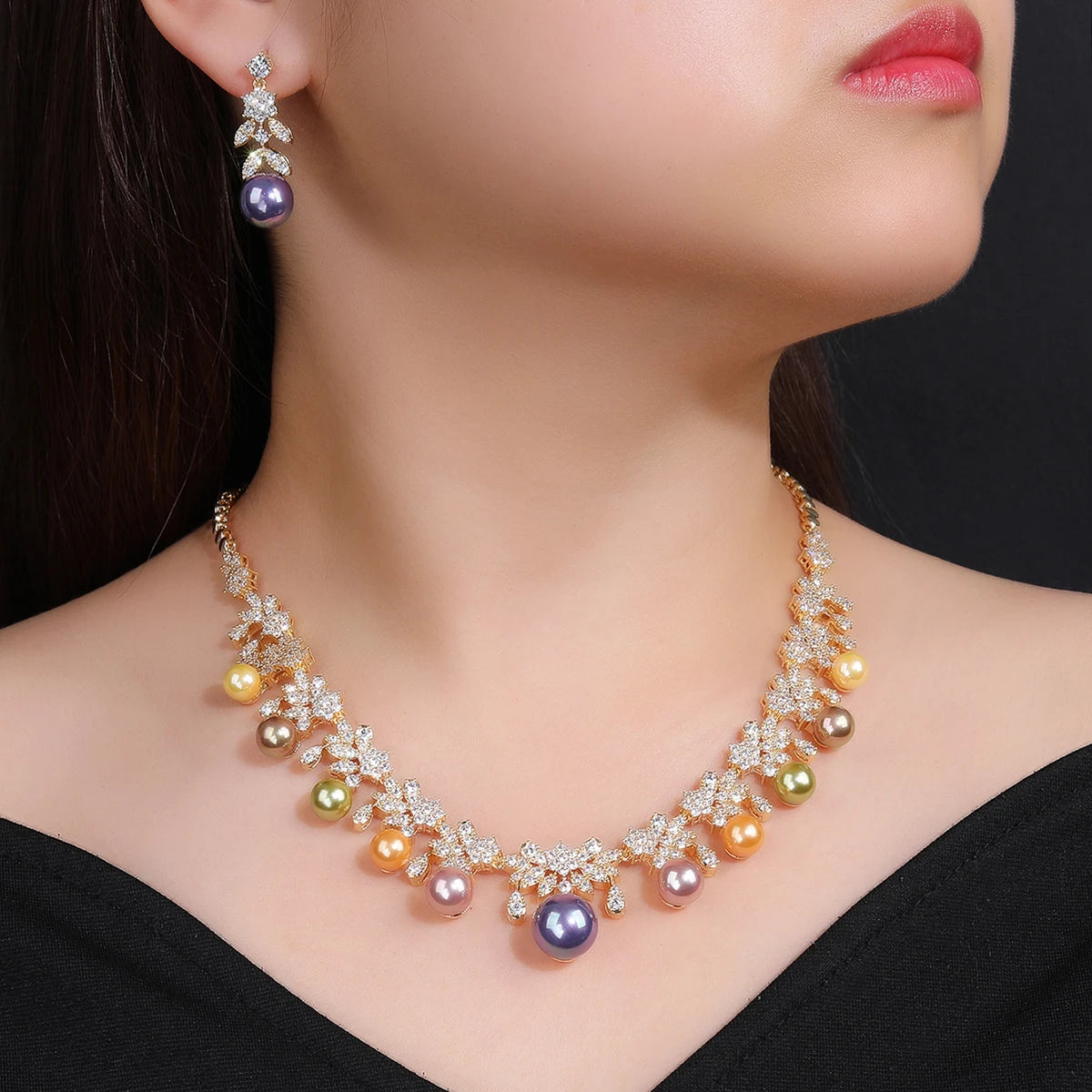 Elegant Cubic Zirconia Pearl Flower Necklace & Earrings Set for Women | Party Jewelry | Costume Accessories | Perfect for Weddings, Prom & Evening Events