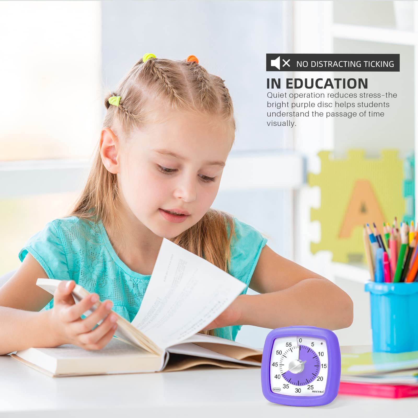 Secura 60-Minute Visual Timer - Silent Countdown Clock for Kids & Adults | Purple Time Management Tool for Studying, Teaching & Productivity