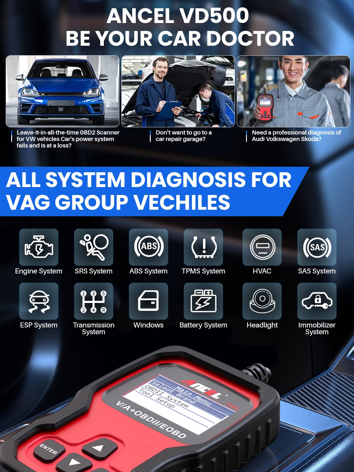 ANCEL VD500 OBD2 Scanner for VW Audi Skoda - VAG Diagnostic Tool with EPB ABS SRS Code Reader, Oil Reset, Throttle Adaptation & Brake Service | ANCEL BST200 12V Battery Tester Included | Perfect for DIY Mechanics & Professional Auto Repair Shops