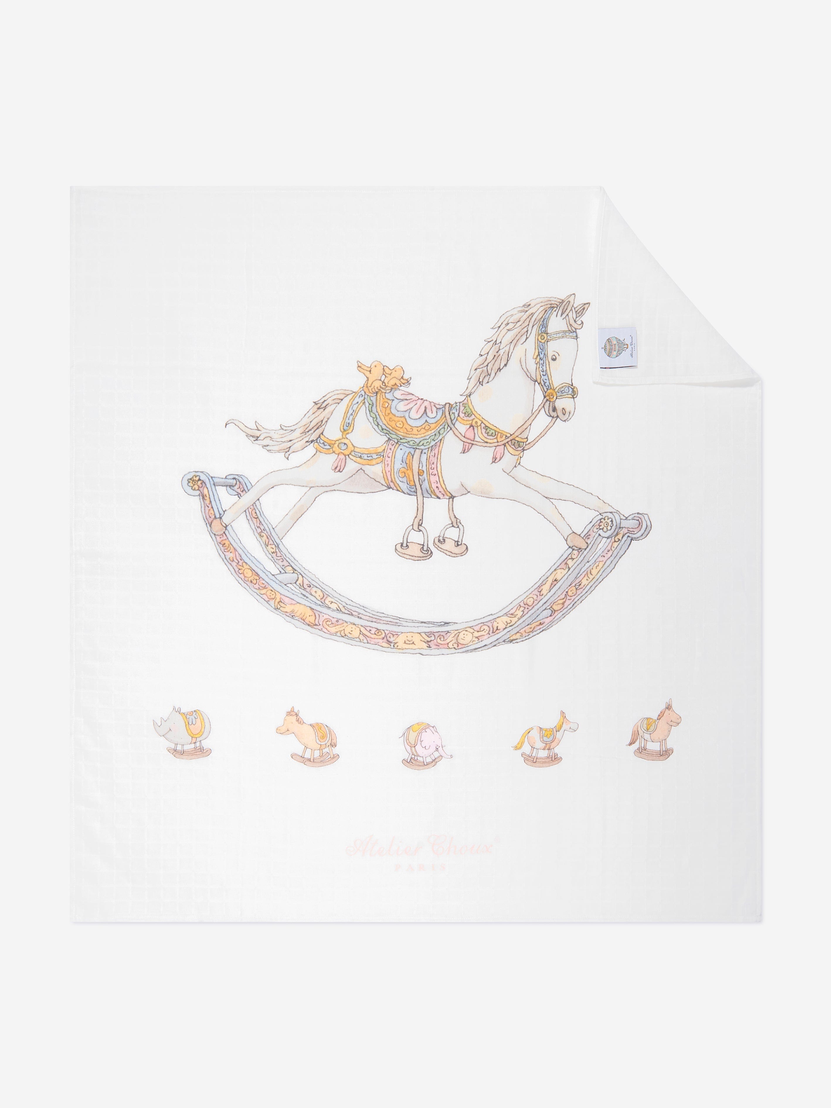 Atelier Choux Baby Rocking Horse Swaddle & Satin Bib Gift Set - Premium White Cotton Newborn Essentials for Shower & Nursery Decor
