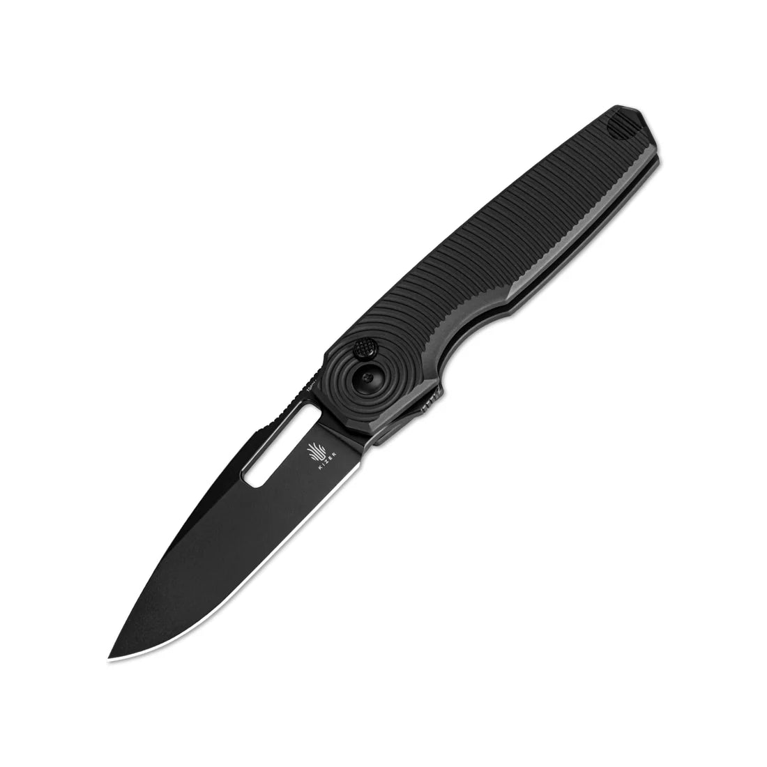 Kizer V3640C1 Vanguard Dogfish Button Lock Folding Knife - Plain Black Blade & Black Aluminum Handles - EDC, Outdoor, Camping, Survival Gear
