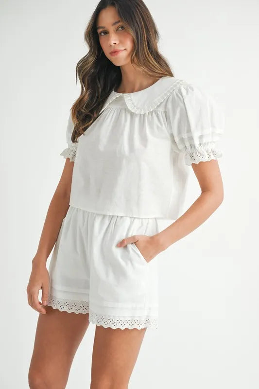 Peter Pan Collar Babydoll Blouse & Shorts Set - Vintage-Inspired Women's Outfit for Casual Wear, Date Night & Summer Fashion